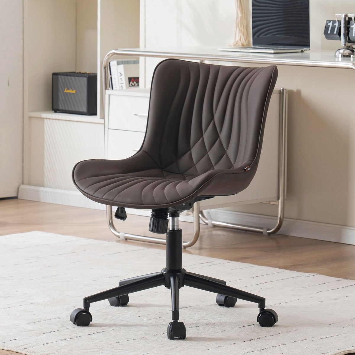 Younike Office Chair, Armless Desk Chair With Wheels, Home Office Computer Task Chairs, Modern Faux Leather Upholstered Vanity C
