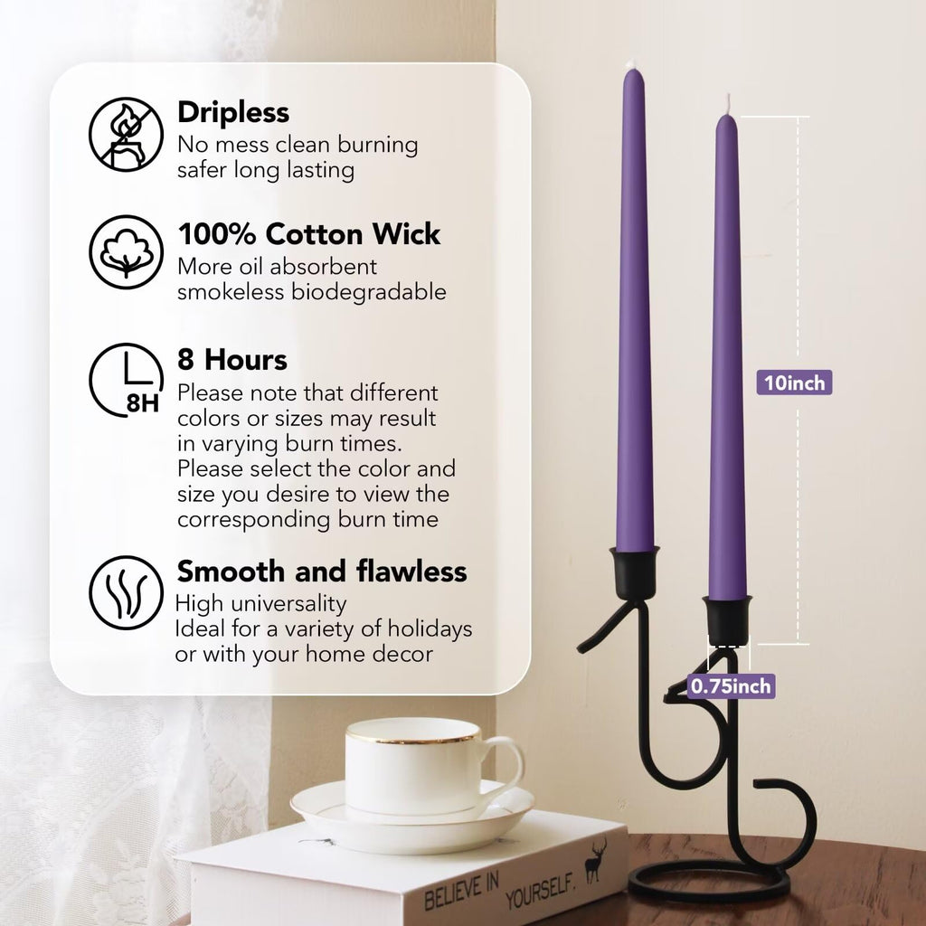 Pickood 10-Inch Tall Dripless Taper Candles Set Of 4 - Purple Tapered Candles, Perfect For Halloween - Smokeless, Unscented, Lon