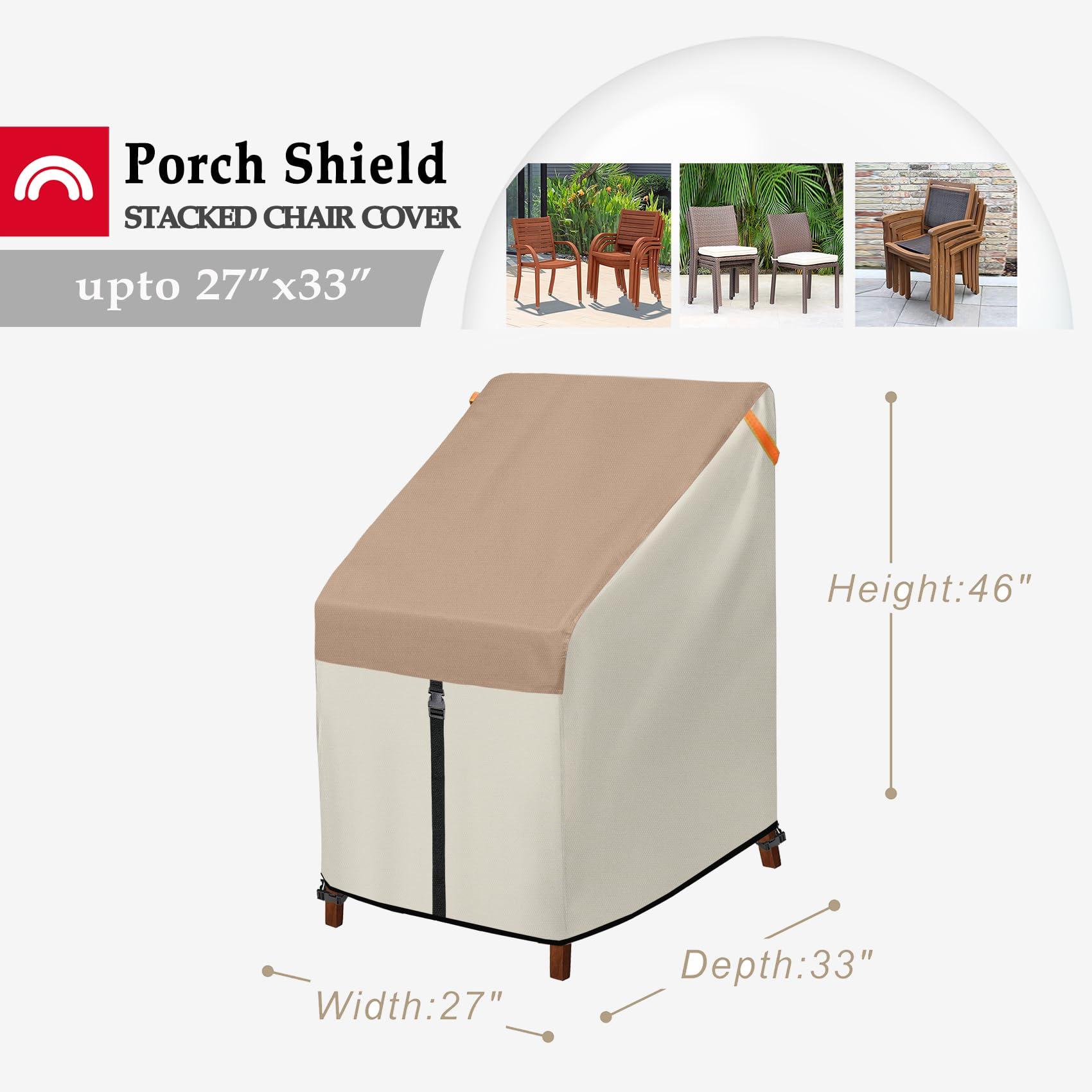 Porch Shield Patio Stackable Chair Covers - Waterproof Outdoor Stack Of Chair Cover - 27W X 33D X 46H Inch, Light Tan & Khaki