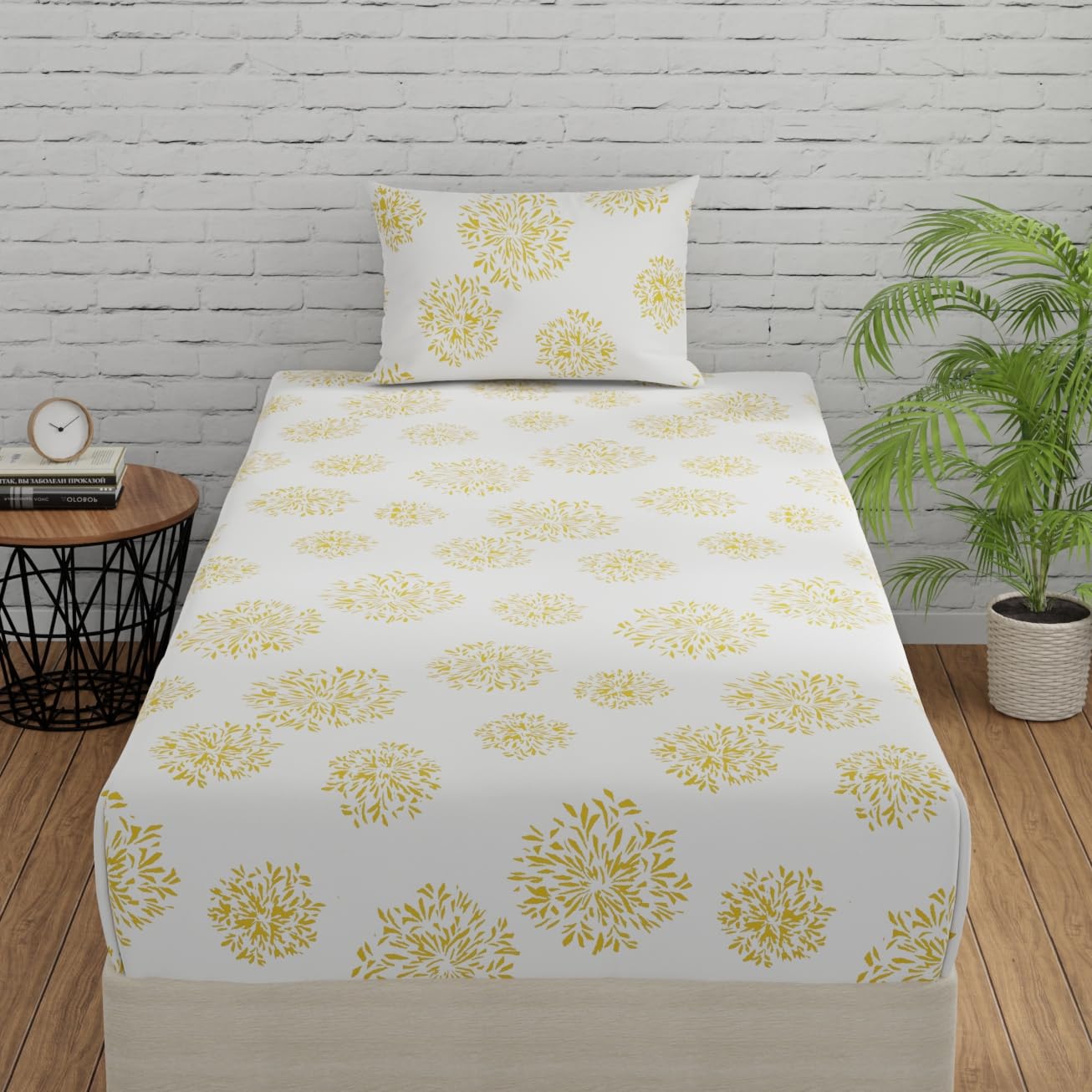 Huesland By Ahmedabad Cotton 144 Tc Elastic Fitted Bedsheet For Single Bed With 1 Pillow Cover | 36 X 78 Inches | White (Yellow 
