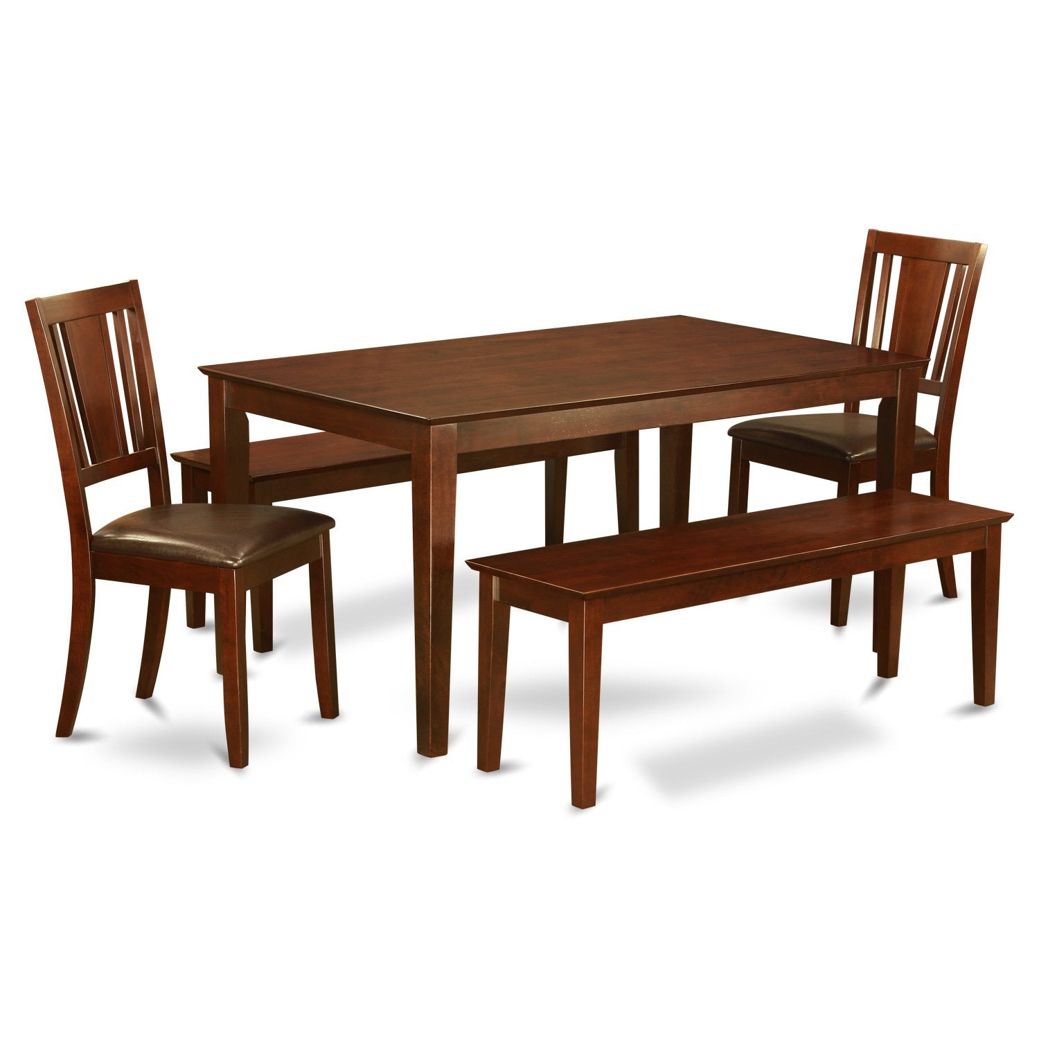 East West Furniture CADU5C-MAH-LC Capri 5 Piece Room Furniture Set Includes a Rectangle Kitchen Table and 2 Faux Leather Dining Chairs with 2 Benches, 36x60 Inch, Mahogany