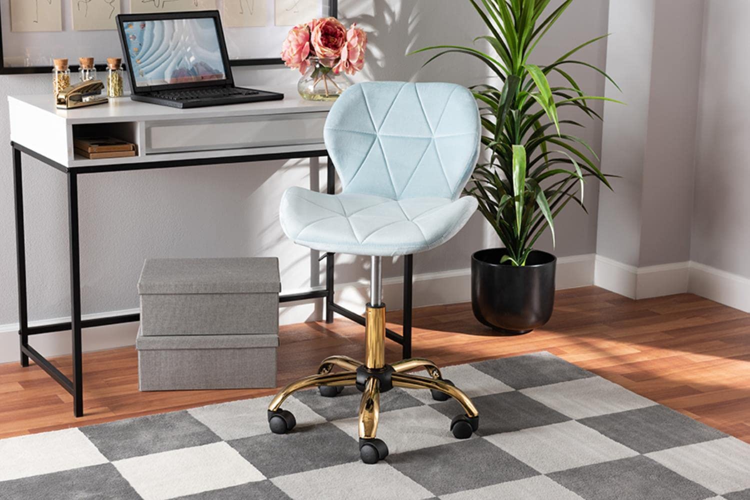 Baxton Studio Savara Aqua Velvet Fabric and Gold Metal Swivel Office Chair