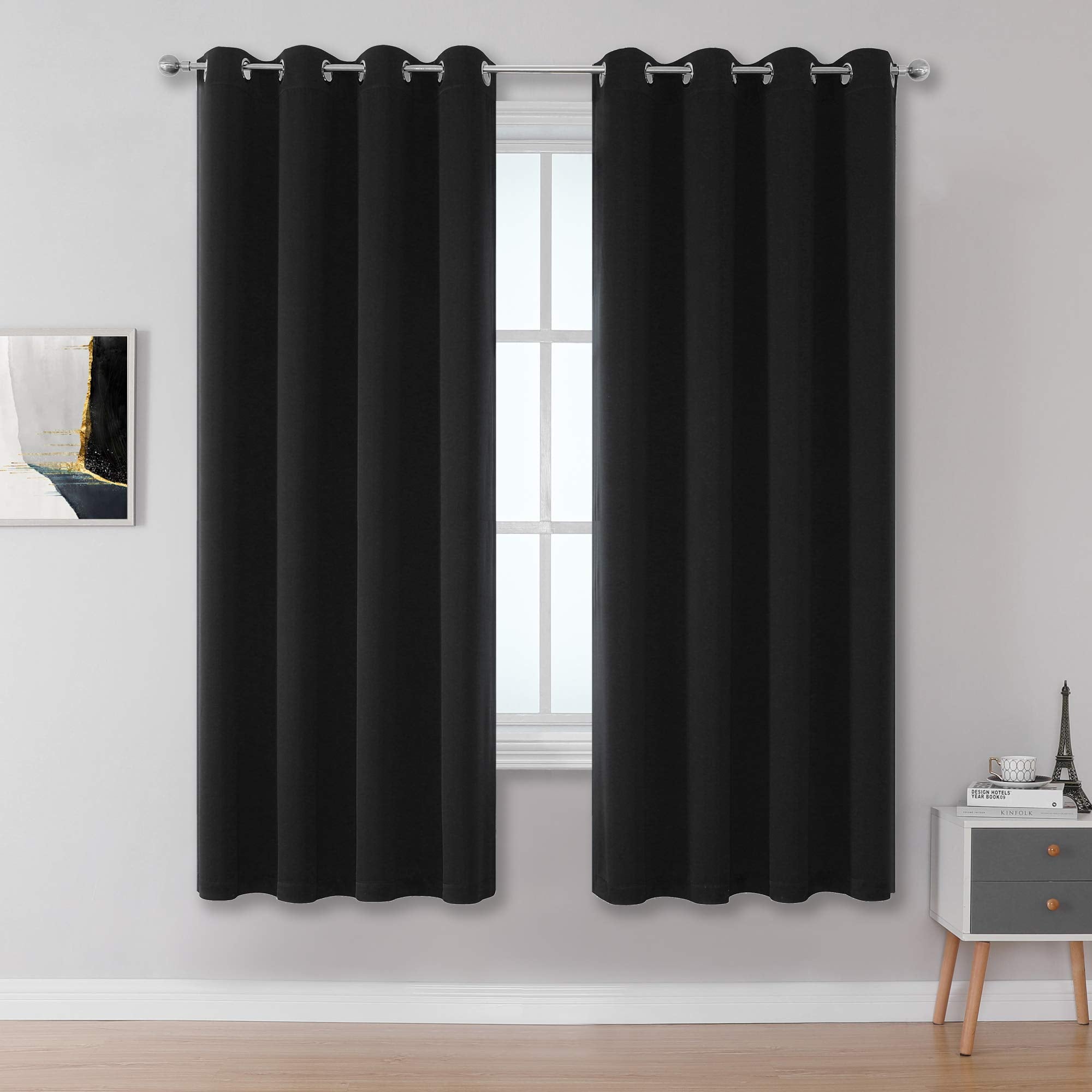 Dualife Black Blackout Curtains For Living Room 63 Inch Length Solid Energy Efficient Room Darkening Curtains For Bedroom Therma