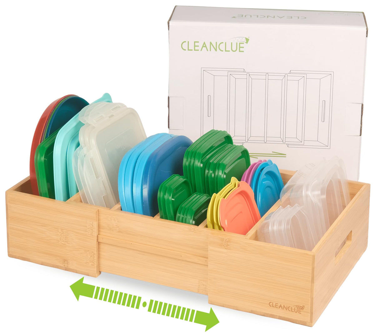 Cleanclue Expandable Kitchen Cabinet Organizer For Food Storage Container Lids, Bamboo Drawer Caddy Adjustable Dividers, Box For