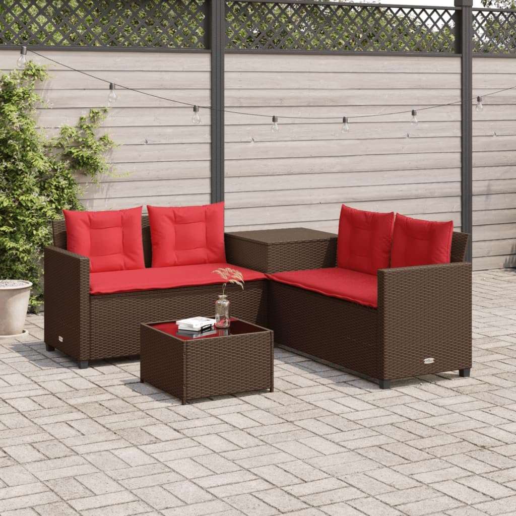 vidaXL Patio Sofa Set - L-Shaped Brown Poly Rattan Outdoor Seating with Side & Coffee Table, Tempered Glass Top, Cushions, Storage