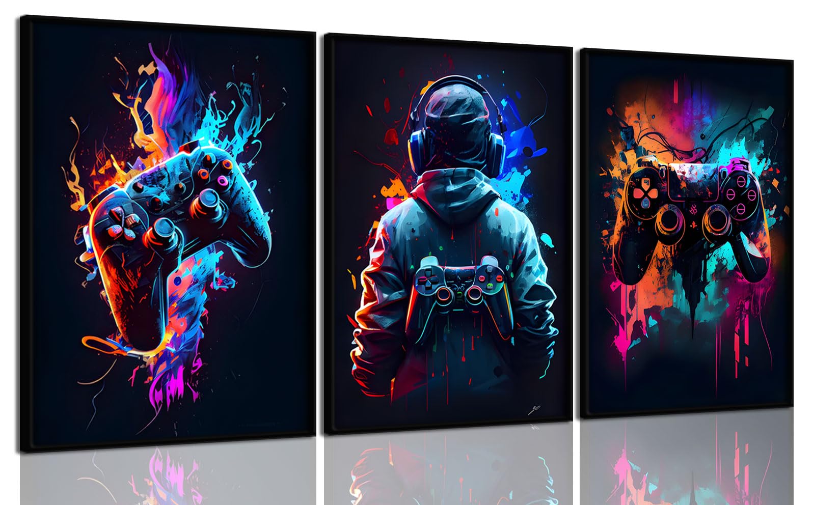 3Pcs Cool Gaming Wall Art Retro Video Game watercolor Posters Pictures Colorful Neon Gamepad Canvas Painting Prints for Boys Roo