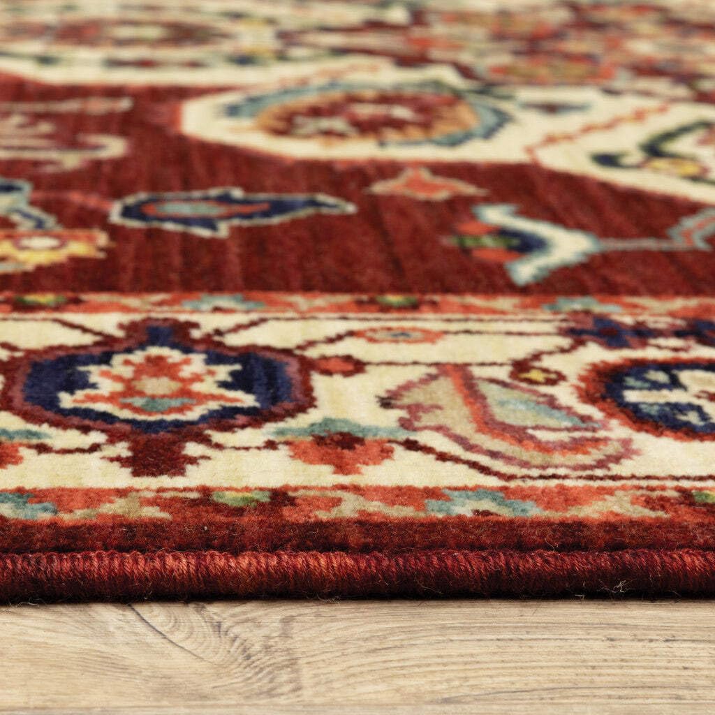 HomeRoots 509244 6 x 9 ft. Red Ivory Orange & Blue Oriental Power Loom Stain Resistant Rectangle Area Rug with Fringe