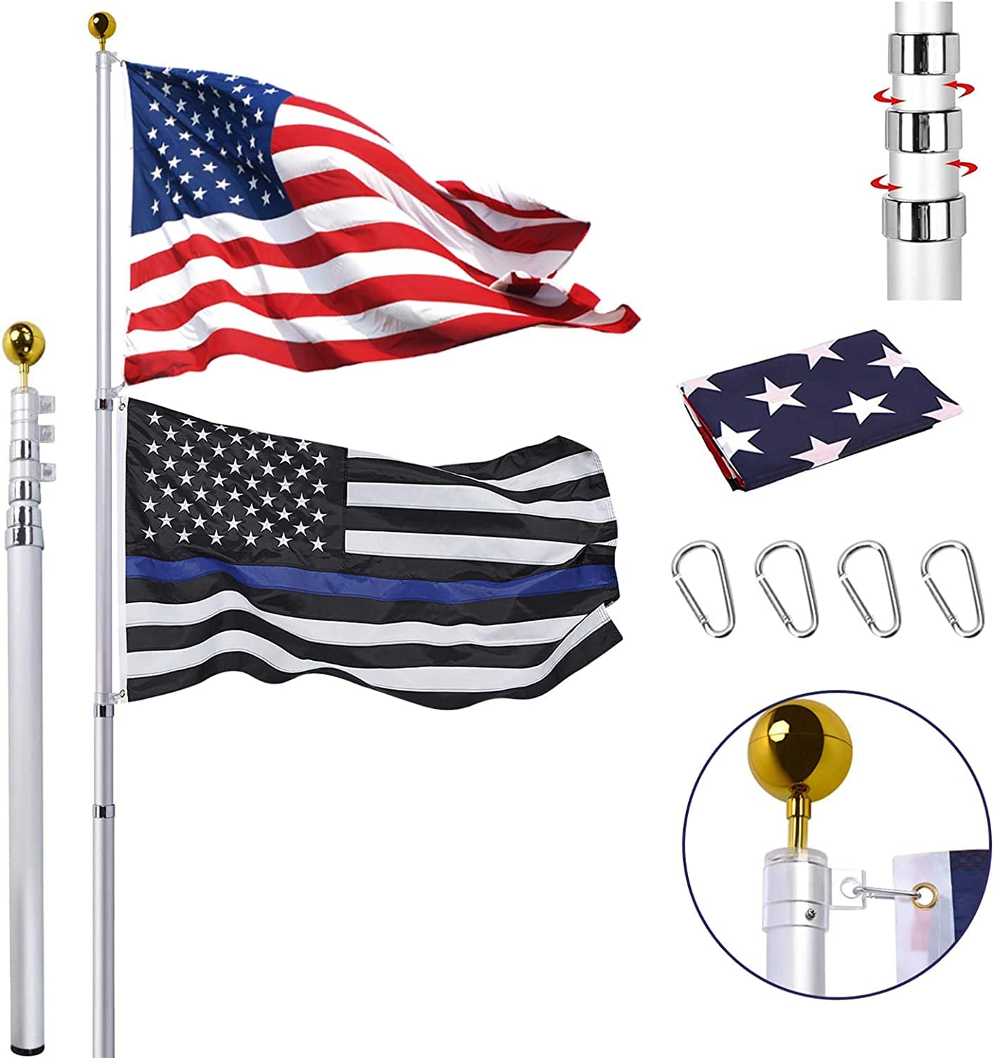 30Ft Telescopic Flag Pole Kit, Extra Thick Heavy Duty Aluminum Telescoping Flagpole For Outside, Outdoor Inground Large Flag Pol