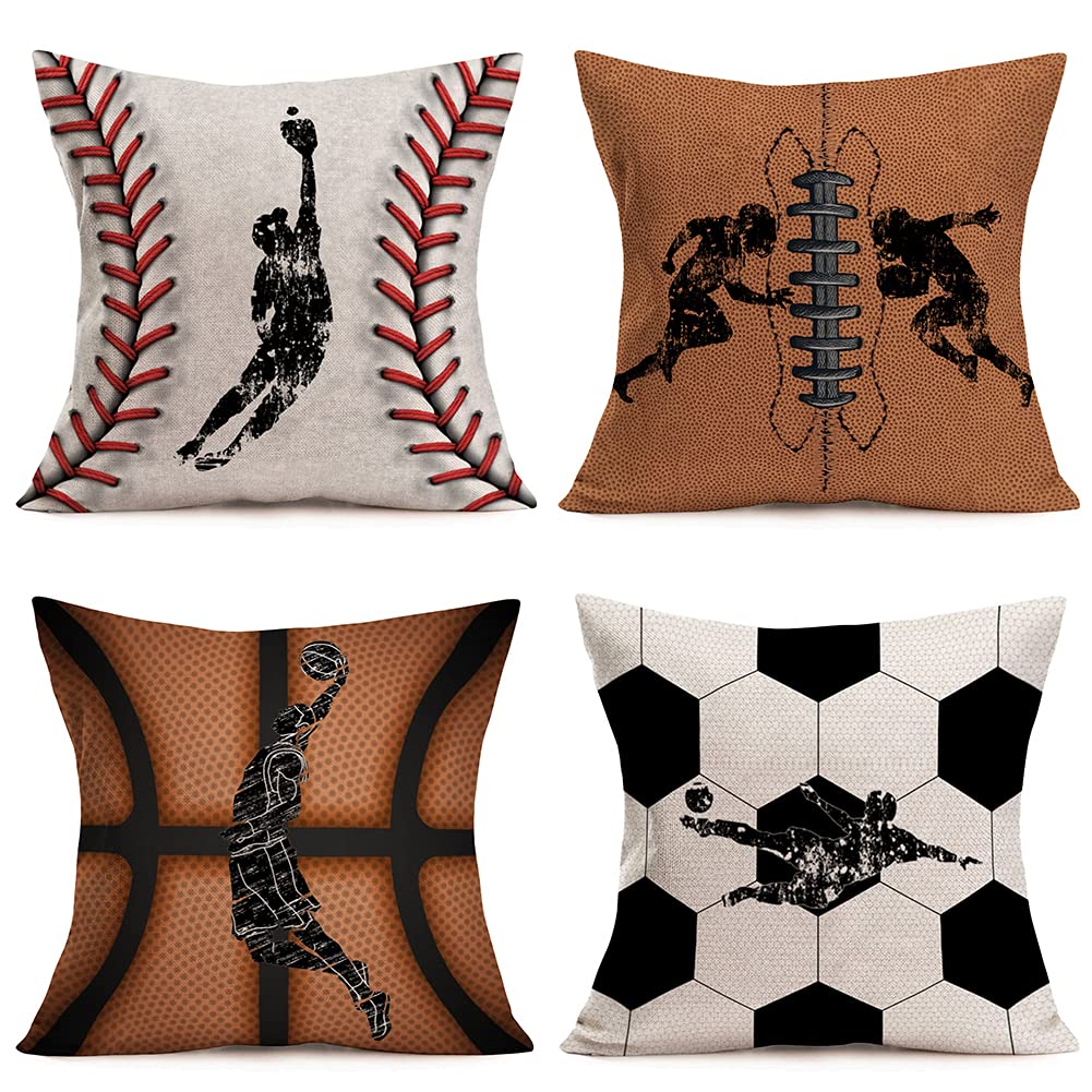 Xihomeli Retro Ball Theme Cotton Linen 18X18 Inch Throw Pillow Covers Baseball Rugby Basketball Soccer Cushion Case Black Silhou
