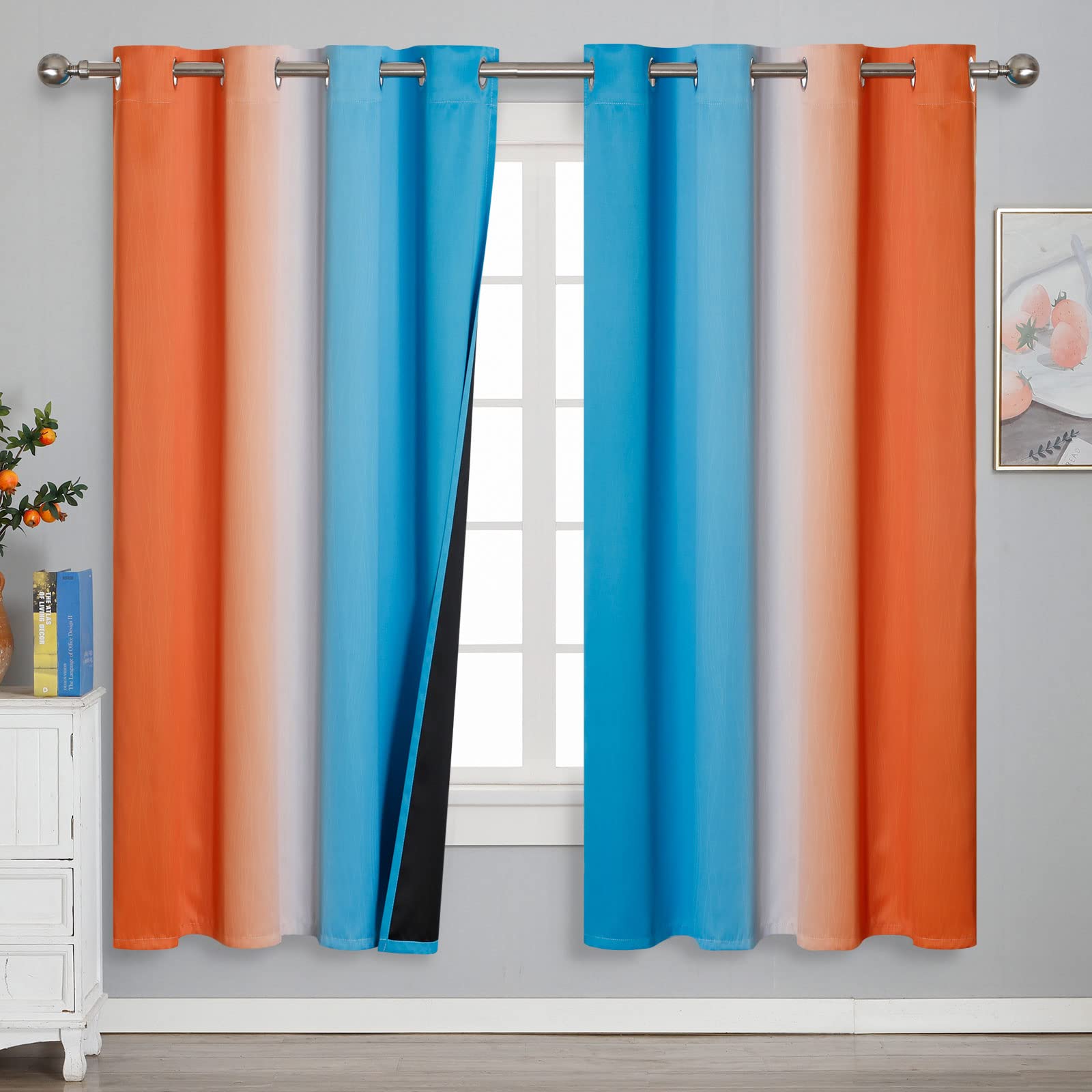 Ombre Orange And Blue Blackout Curtains 72 Inch Length 2 Panels, Full Room Darkening Curtains For Bedroom, Thermal Insulated Gra