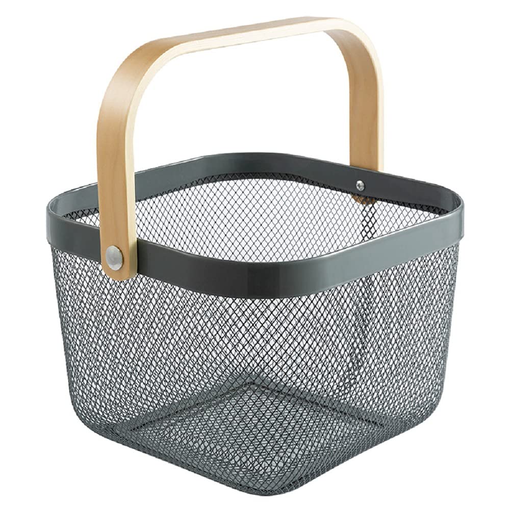 Luxansa Mesh Steel Storage Organizer Basket, MultiFunctional Metal Wire Hanging Kitchen Baskets Fruit Basket With Wood Handle I