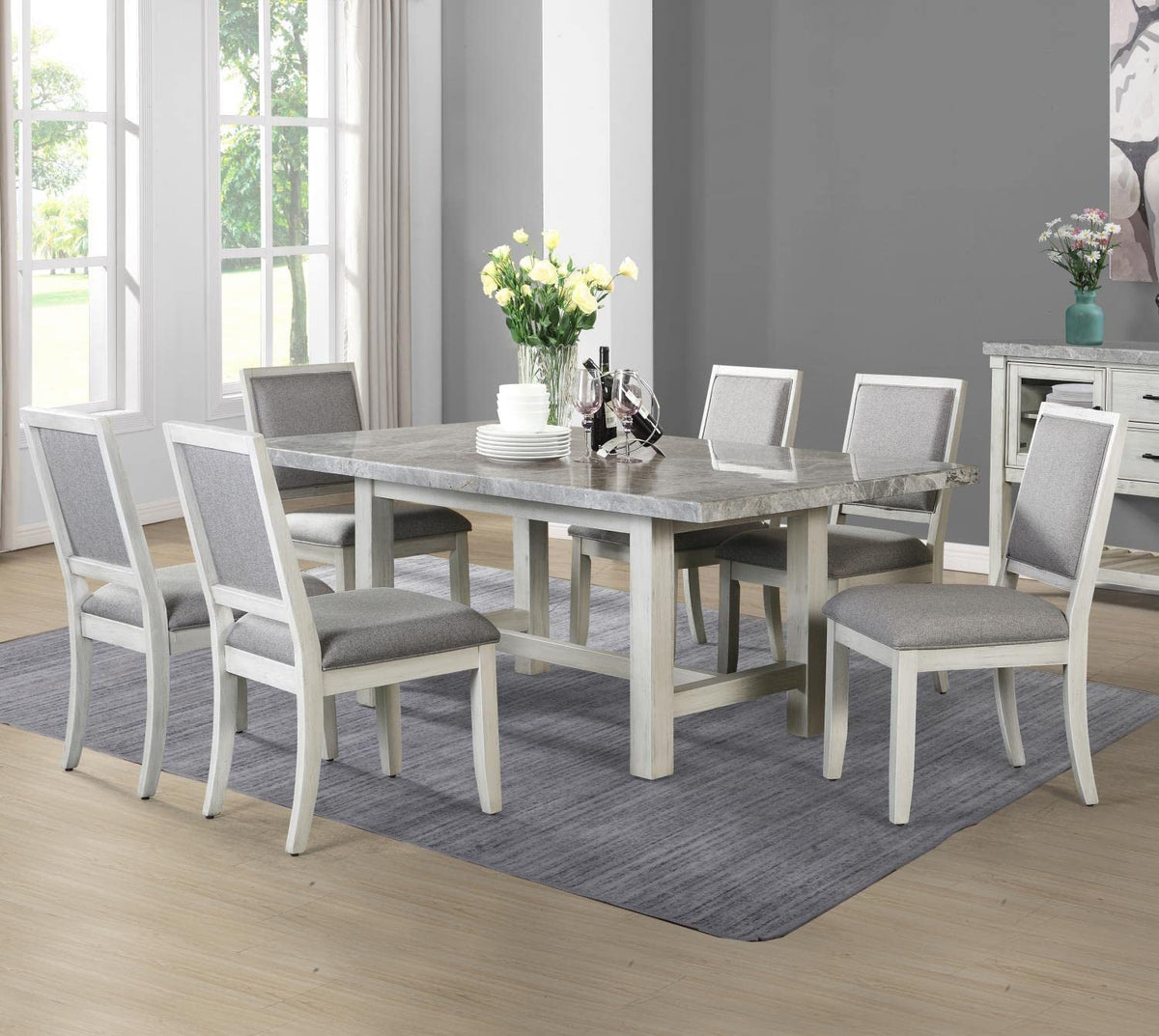 Steve Silver Furniture Canova 7pc Marble Dining Table Set, incl. with 78-Inch Rectangular Marble Dining Table and 6 Gray Velvet Dining Side Chairs, 78&quot; L x 42&quot; W x 30&quot; H, White, Grey