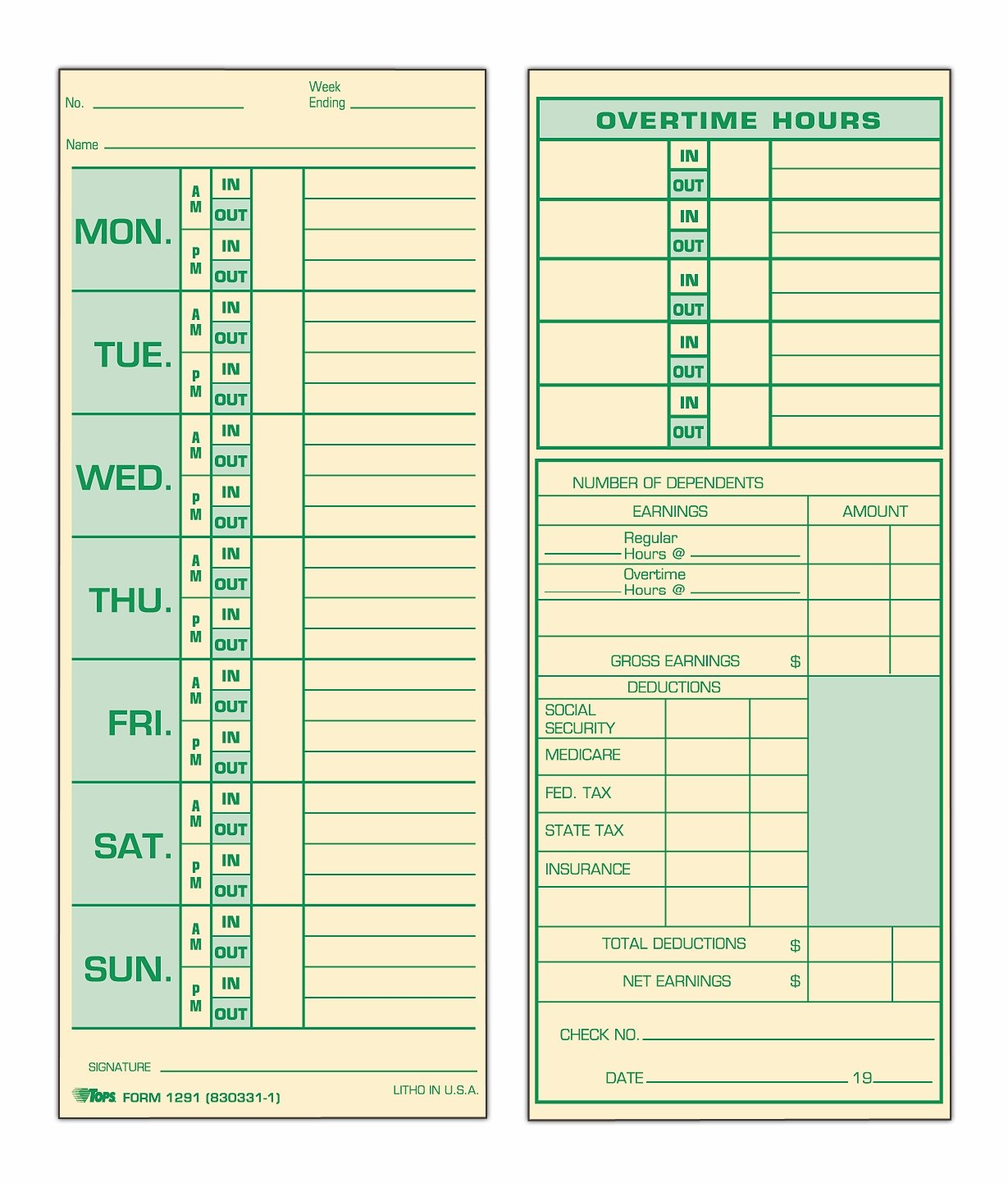 Tops Time Cards, Weekly, 2-Sided, 3-1/2' X 8-1/2', Green Print Front/Back, 500-Count (1291)
