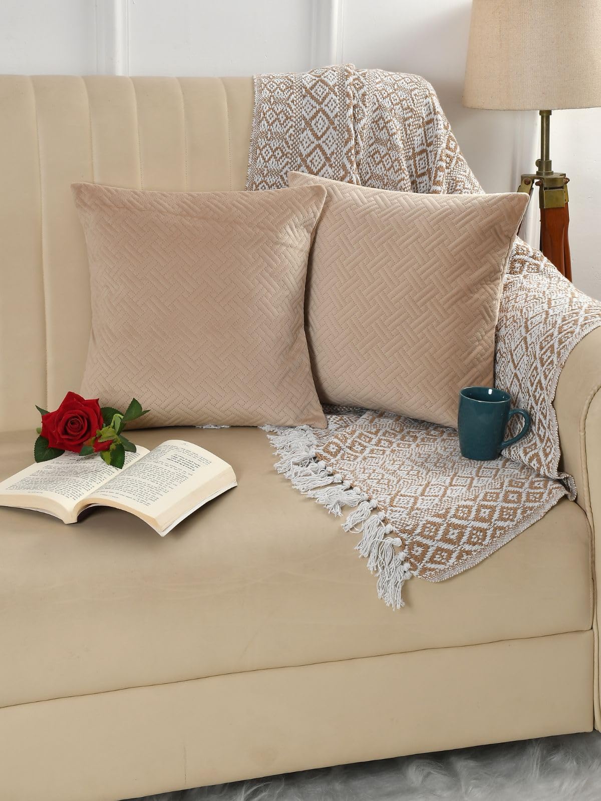 Florida Quilted Velvet Cushion Cover, Beige, Diamond Stitch Pattern, Soft Decorative Cushion Cover (Cream, 16X16, 2, Count, 2, 2