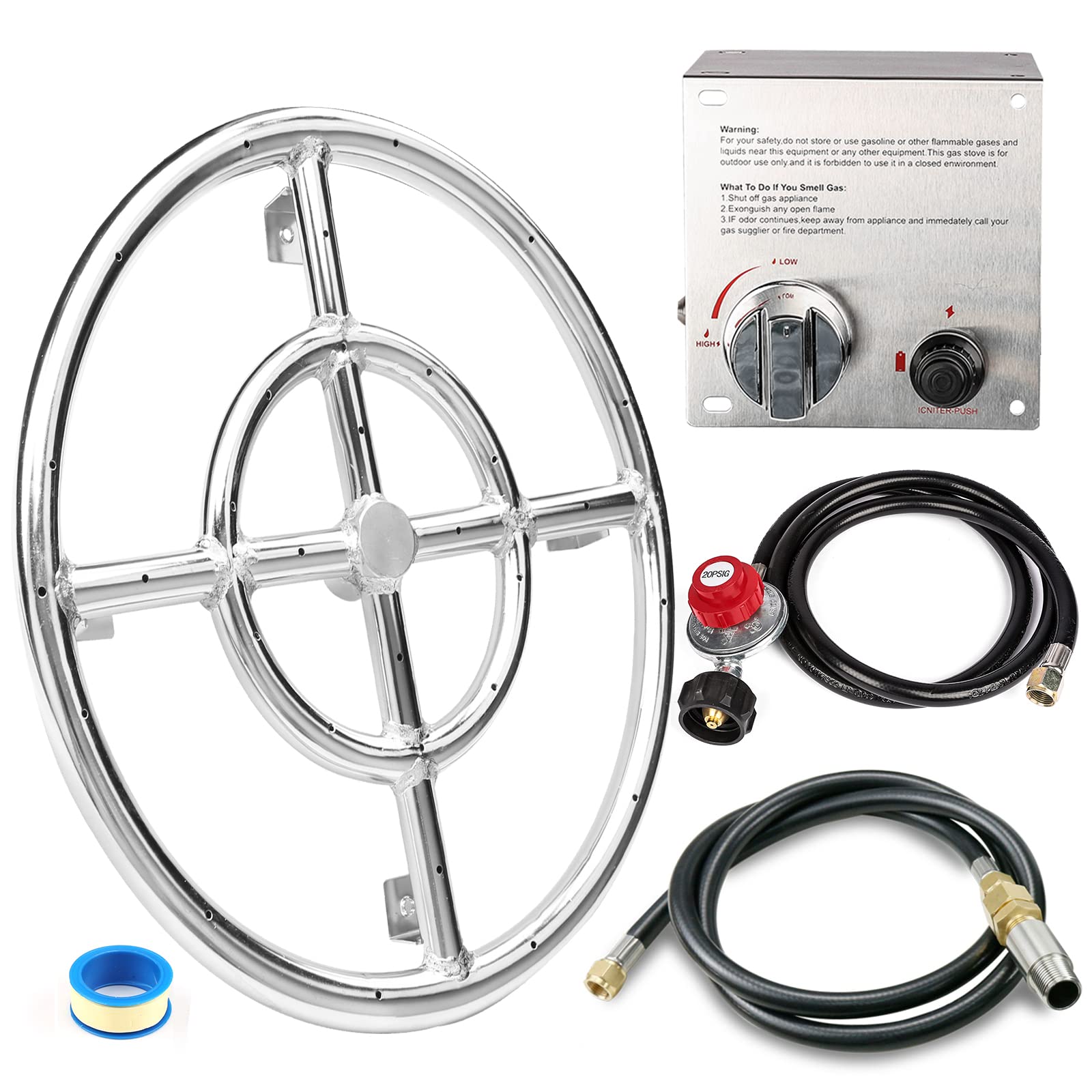 Grisun Drop-In Fire Pit Kit 24 X 8 Inch, H-Shape Burner With Pan, Come With Upgraded Spark Ignition Kit For Gas Fire Pit, Fire P