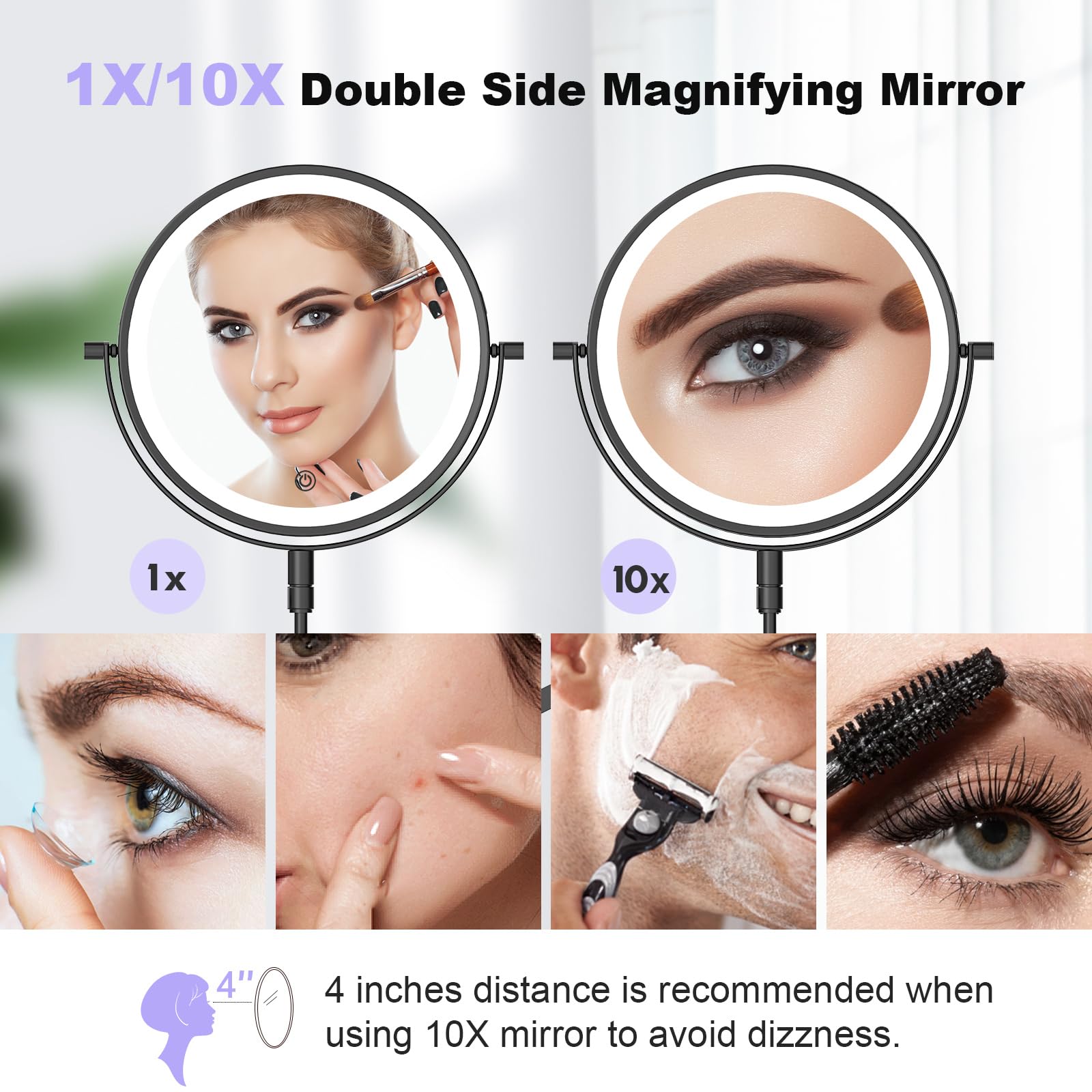 Rechargeable Wall Mounted Makeup Mirror - 8 Inch Double Sided 1X/10X Magnifying Mirror With 3 Color Lights Dimmable Touch Screen
