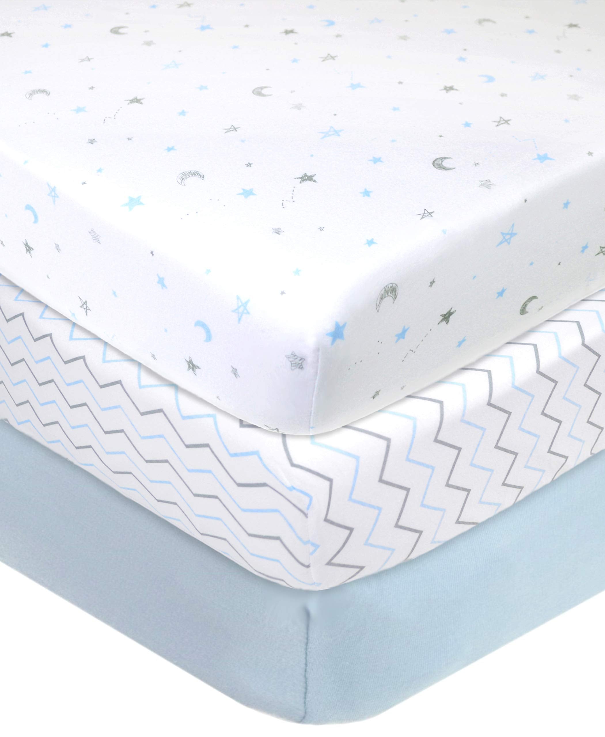 American Baby Company 3 Pack Fitted Crib Sheets 28'' x 52'', Soft Breathable Neutral 100% Cotton Jersey Sheet, Blue Star/Zigzag,