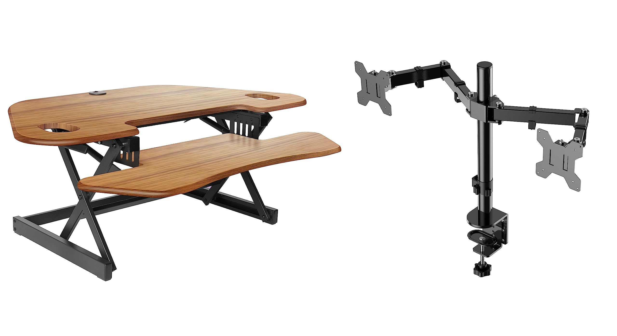 Rocelco 46" Height Adjustable Corner Standing Desk Converter with Dual Monitor Arm BUNDLE - Quick Sit Stand Up Computer Workstation Riser - Extra Large Keyboard Tray - Teak Wood Grain (R CADRT-46-DM2)