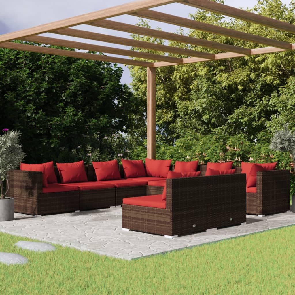 vidaXL Patio Lounge Set 9 Piece with Cushions Brown Poly Rattan Garden Seat