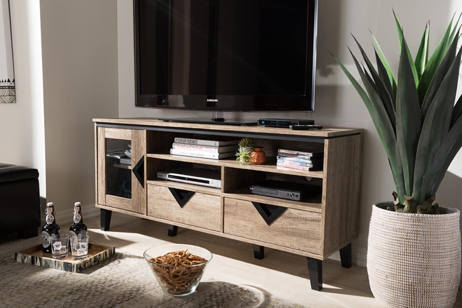 Baxton Studio Cardiff TV Stand/Light Brown/Contemporary/Particle Board with PU Paper/Plastic (Handles and Legs)
