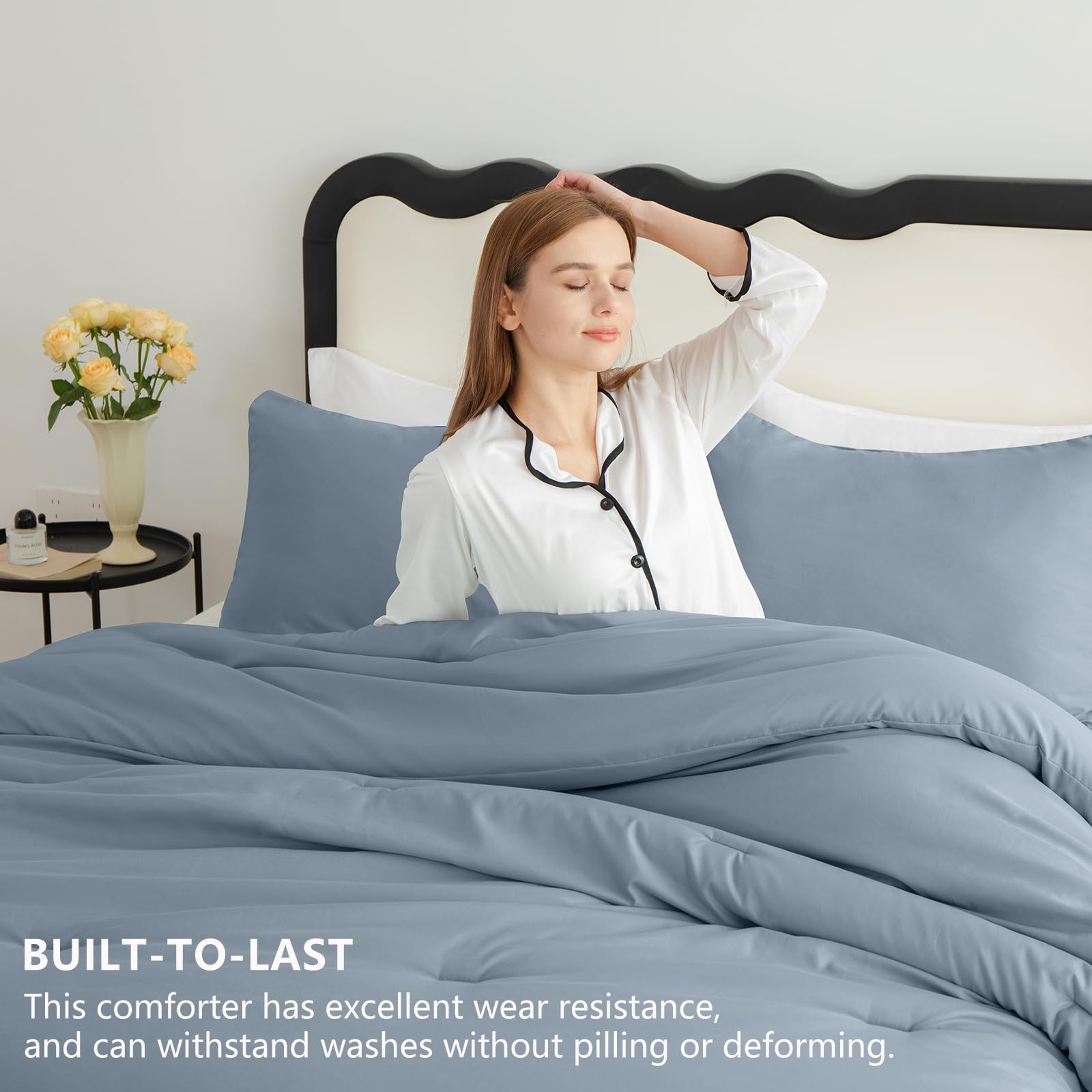 Cozylux Grayish Blue Comforter Set Full Size, 3 Pieces Solid Breathable Quilted Boho Style Bedding Sets, Luxury Fluffy Soft Microfiber Comforter For All Season(1 Comforter & 2 Pillowcases)