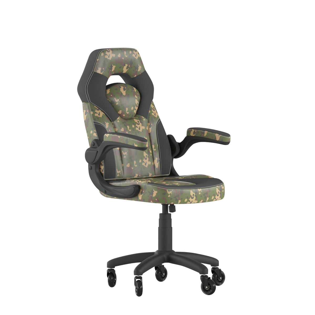 Flash Furniture X10 Gaming Chair Racing Computer Pc Adjustable Chair With Flip-Up Arms And Transparent Roller Wheels, Camouflage/Black Leathersoft