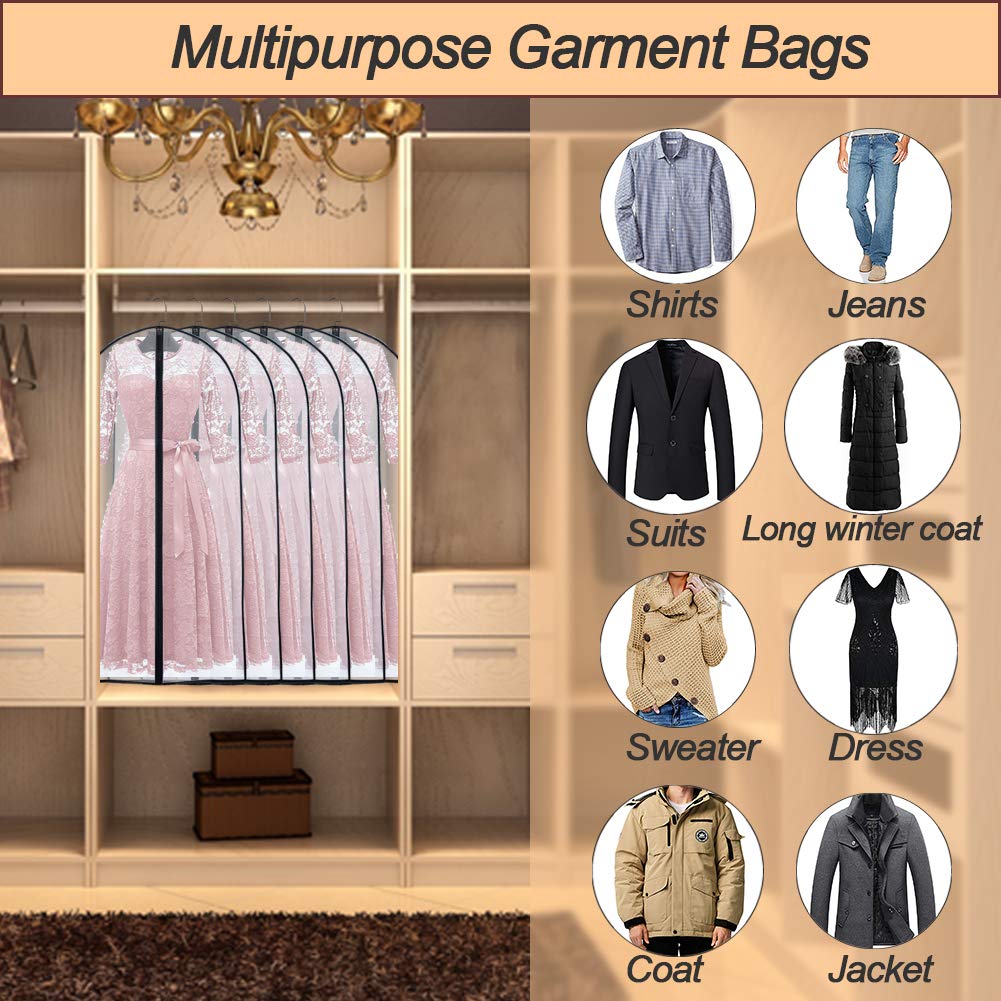 Garment Bag Covers 24'' X 55 '' (Set Of 6) Transparent Lightweight Breathable Dust Cover With Study Full Zipper For Long Dress C