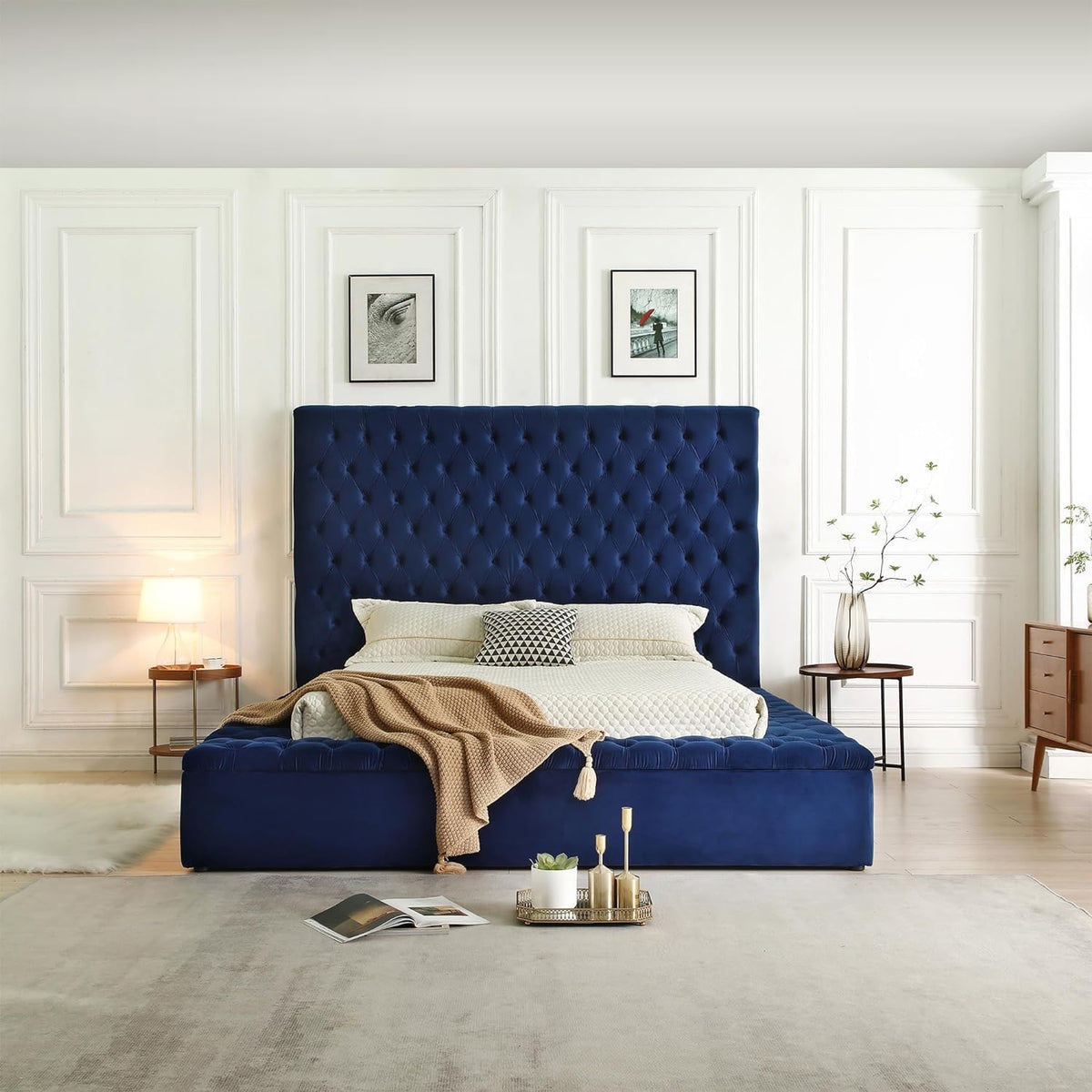 Better Home Products Velvet Tufted Upholstered Storage Platform (Blue, Queen)