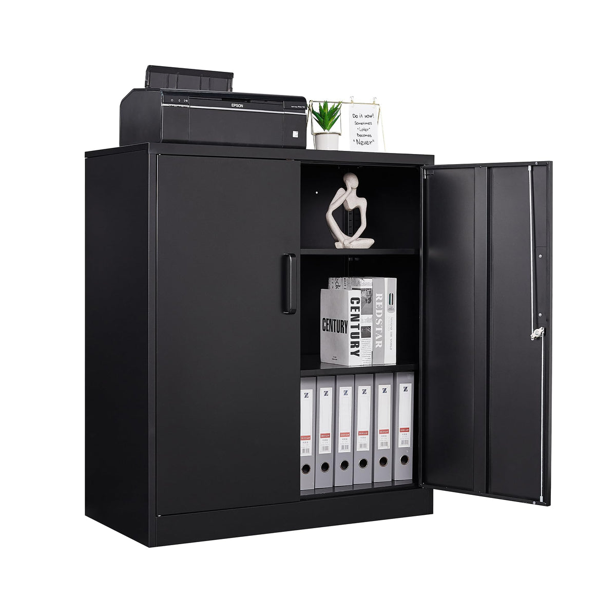 Stani Metal Storage Cabinet With 2 Adjustable Shelves, Steel Counter Cabinet With Lockable Doors For Home Office (Black)
