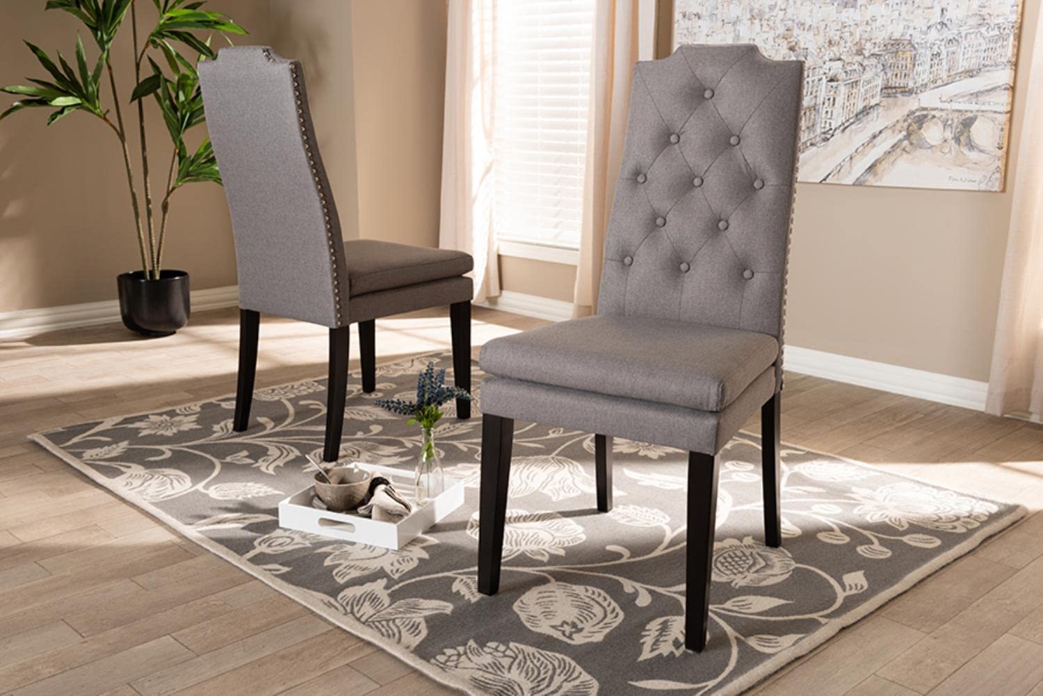 Baxton Studio Dylin Modern and Contemporary Gray Fabric Upholstered Button Tufted Wood Dining Chair Set