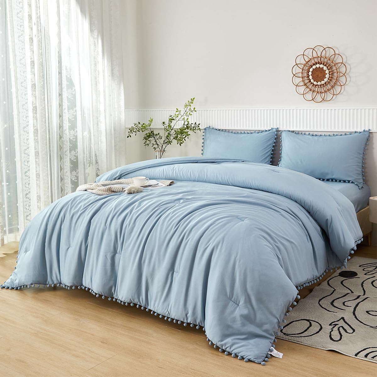 Perfemet 5 Pcs Blue Bed In A Bag Queen Size Boho Aesthetic Pom Pom Bedding Comforter Set With Sheets Lightweight Soft Pom Solid