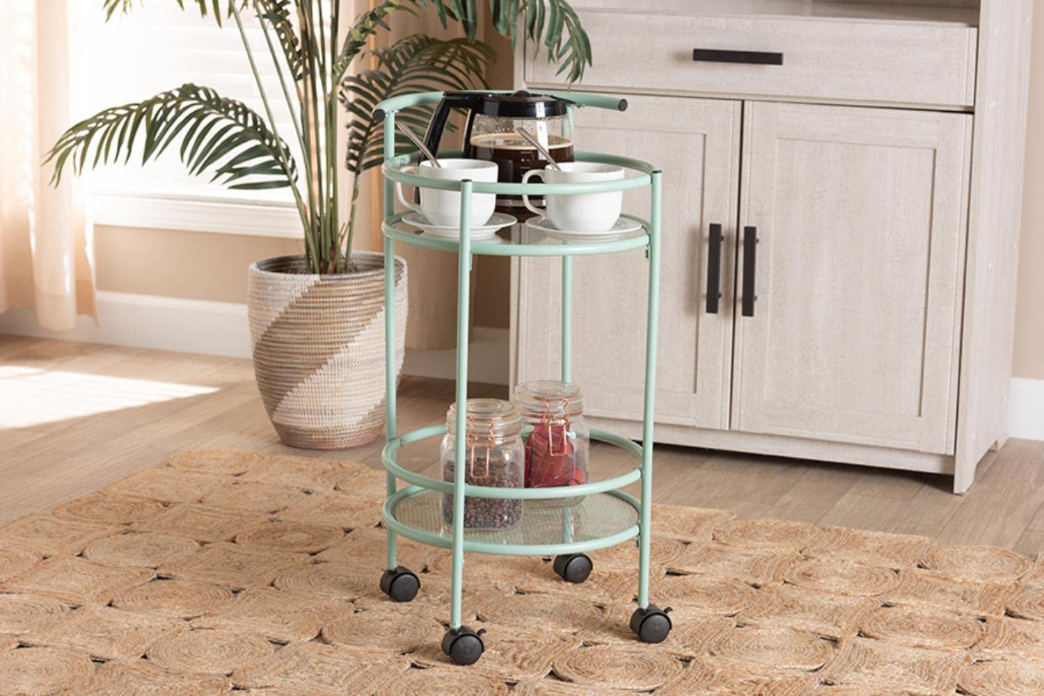 Baxton Studio Newell Mid-Century Modern Mint Green Finished Metal 2-Tier Kitchen Cart