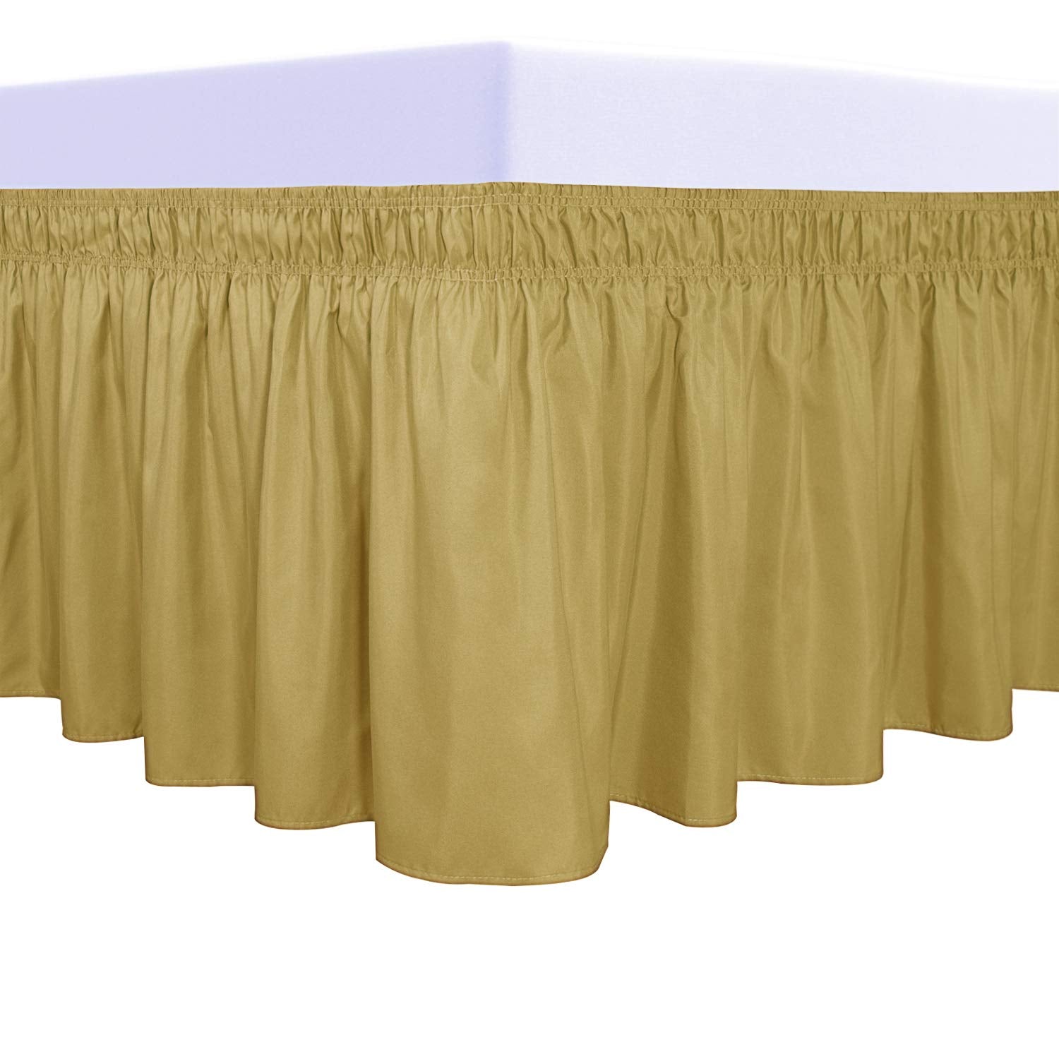 Purefit Wrap Around Ruffled Bed Skirt With Adjustable Elastic Belt - 14 Inch Drop Easy To Put On, Wrinkle Free Bedskirt Dust Ruffles, Bed Frame Cover For Queen, King And C-King Size Beds, Gold