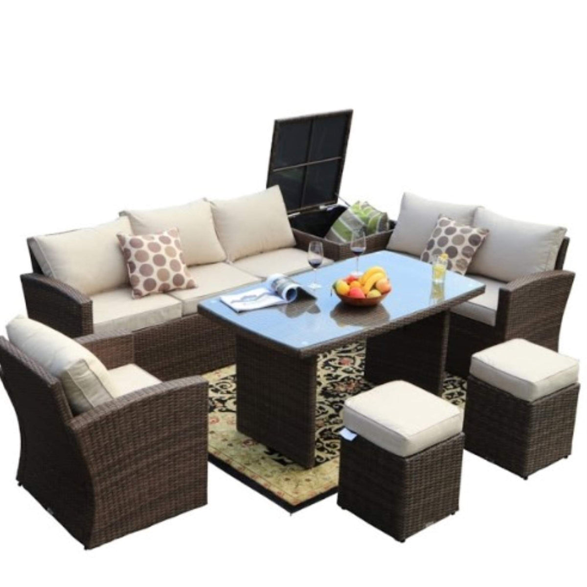 HomeRoots 179.85' X 31.89' 32.68' Brown 7Piece Steel Outdoor Sectional Sofa Set with Ottomans and Storage Box