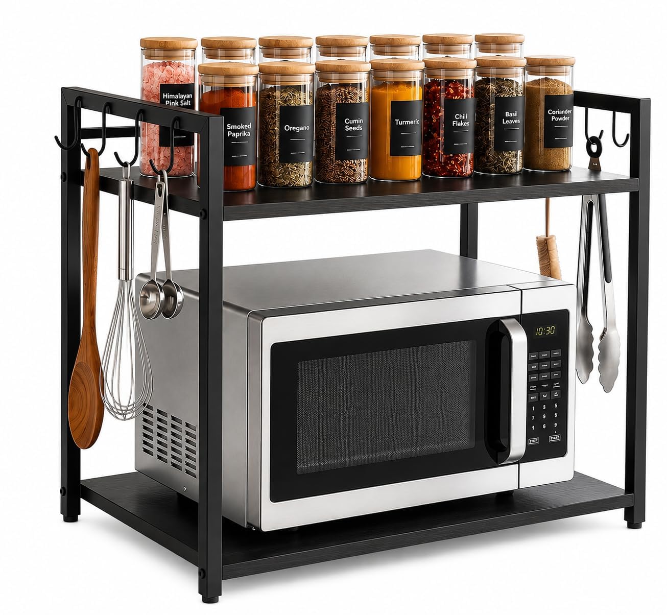 Alive Craft | Metal Microwave Oven Stand (Black) With Storage | Double Layer Kitchen Rack With Hooks | Pantry & Air Fryer Multip