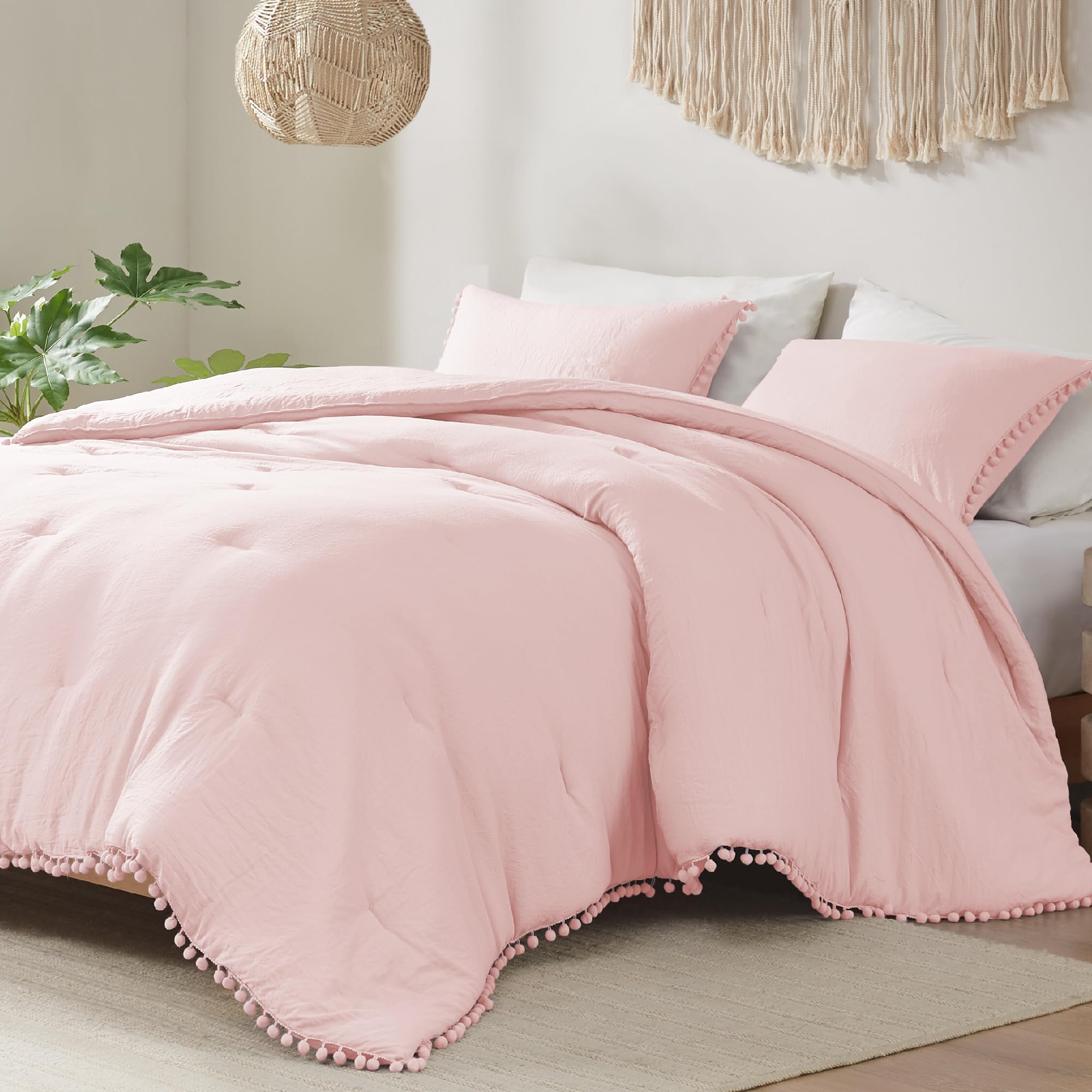Codi Pink Comforter Set Queen - Boho Aesthetic Pom Fringe Bedding For Teen Girls, Cute Soft Washed Microfiber Blush Bed Sets, Li