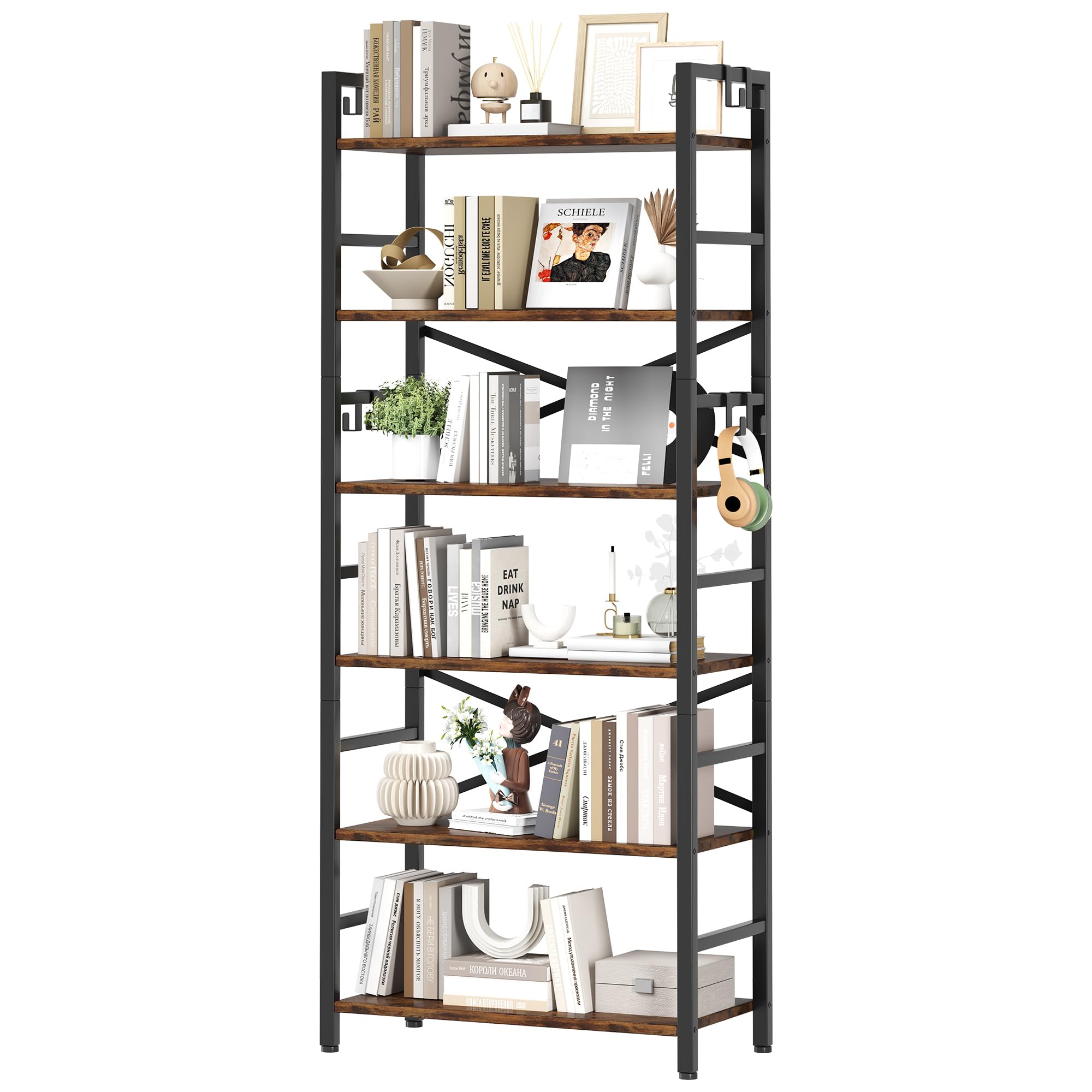 6 Tier Bookshelf, Industrial Bookcase with 8 Hooks, Vintage Storage Rack with Open Shelves, Rustic Standing Bookshelves Metal Fr