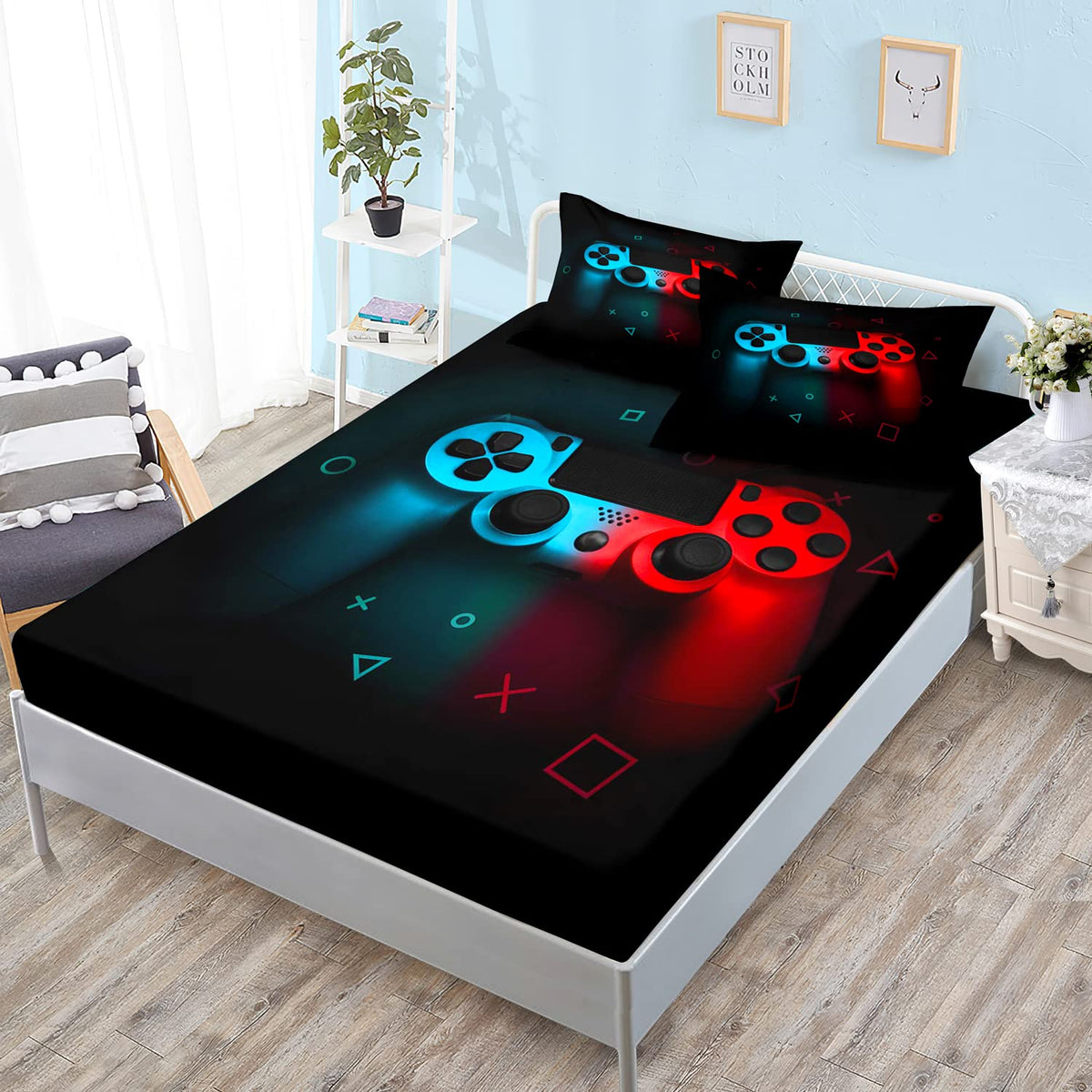 Hosima Gaming Bedding Gamepad Fitted Sheet Twin Size And Gamer Bedding Sets For Boys Used To Gamer Room Decor,1 Fitted Sheet+2 P