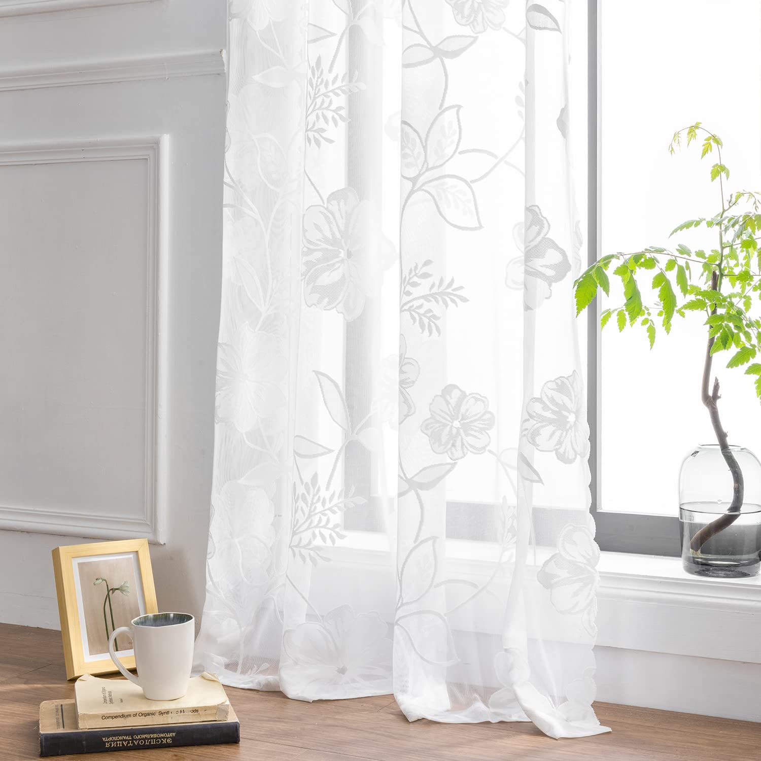 Semi-Sheer White Lace Curtains For Bedroom 95 Inch Long Country Chic Rose Floral Embroidered Sheer Curtain Panels For Living-Roo