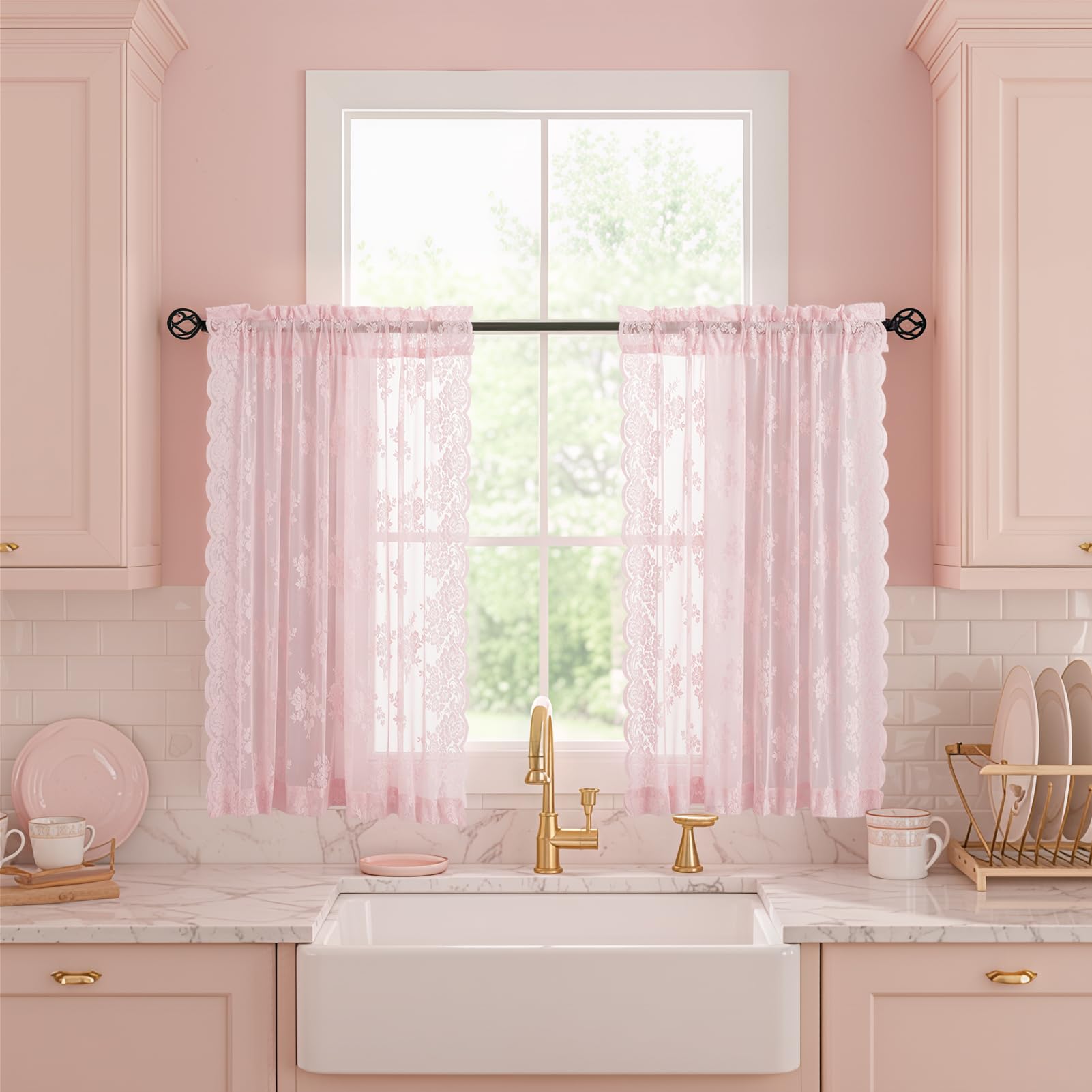 Kotile Pink Lace Curtains 45 Inch Length, 2 Panels, W42 x L45 Inch Each, Country Rustic Floral Short Sheer Lace Curtains for Sma