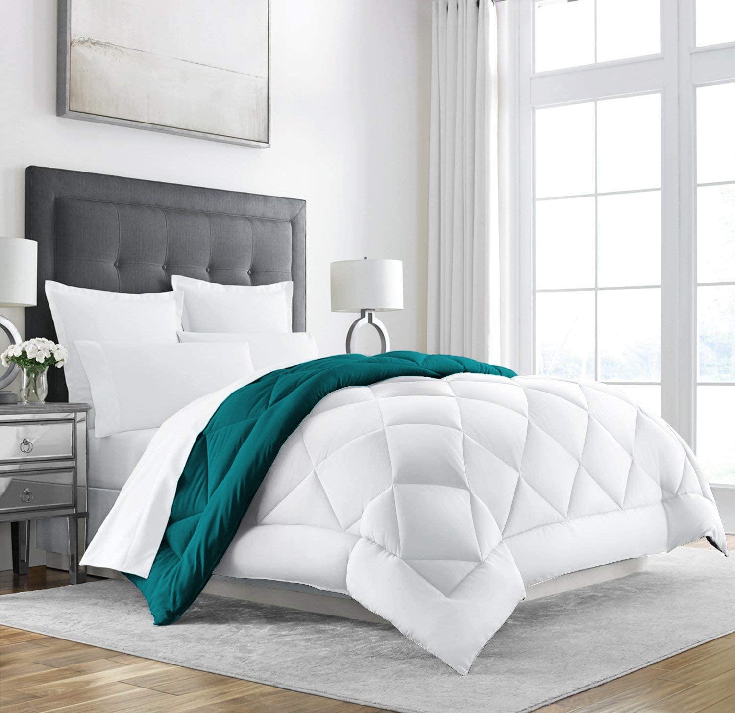 Linenovation All Season Microfiber Reversable Duvet/Ac Comforter/Quilt  Dark Green White  Single Size 60 Inch X 90 Inch
