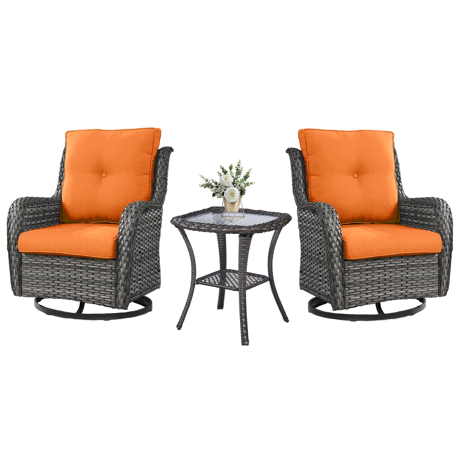 Belord Outdoor Swivel Rocker Wicker Chairs Set Of 3, High Back Swivel Patio Chairs Wicker Furniture Set, 2 Pcs Rattan Swivel Rocking Chair With Side Table, Orange Cushion