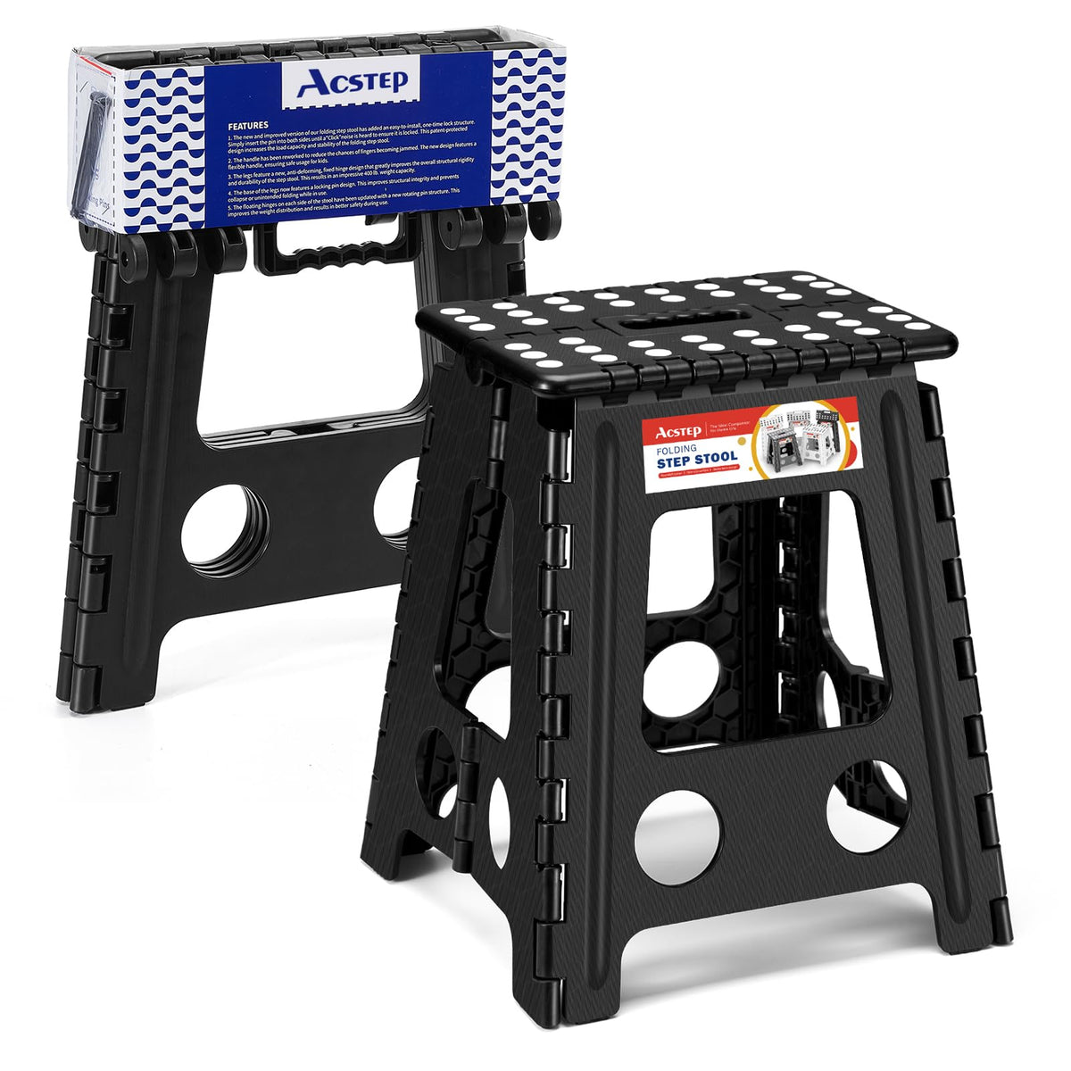 Acstep Folding Step Stool 16 Inch Heavy Duty Step Stool Foldable For Adults And Kids, Collapsible Stepping Stool With Handle, Non Slip Folding Stools For Kitchen Hold Up To 400Lbs (Black 1Pc)