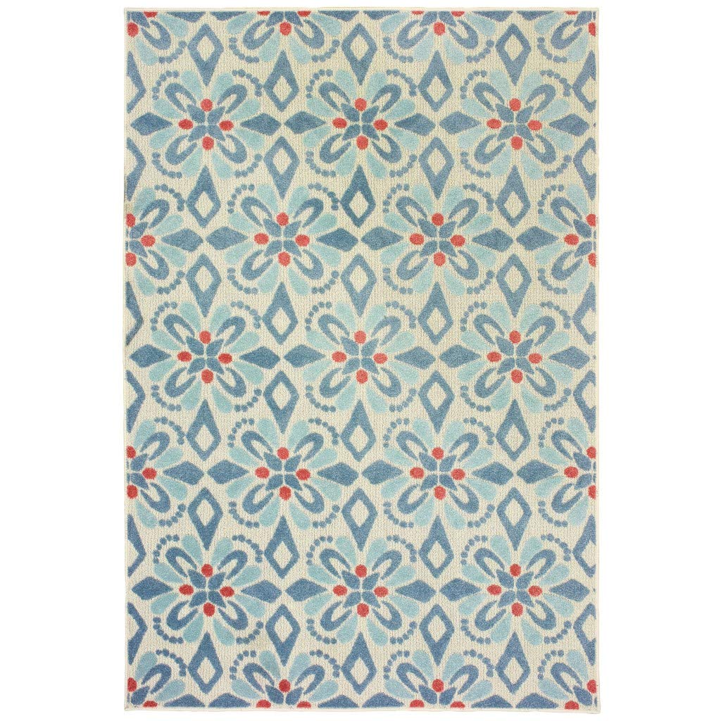 HomeRoots Polypropylene 7' x 10' Ivory Blue Global Geo Tile Indoor Outdoor Runner Rug