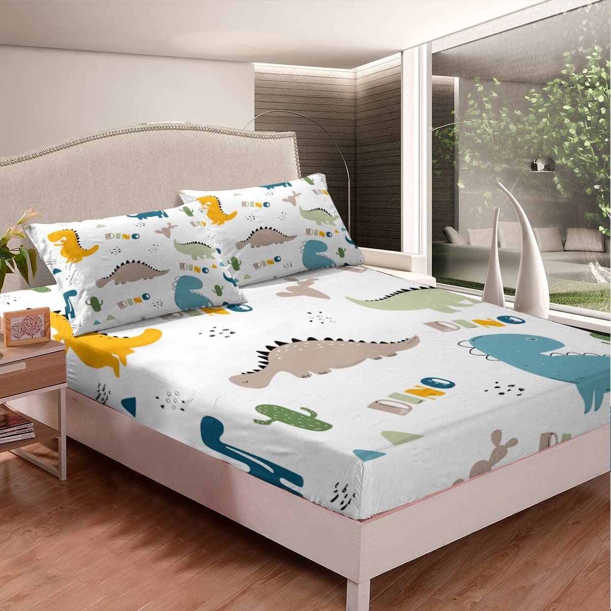 Cute Dinosaur Sheet Set Cartoon Cactus Bed Sheets Set Decor Jungle Dino Boho Succulent Sheets With Deep Pocket Fitted Sheet Wild Animal Pattern Yellow Grey Bedding Set Bedroom Quilt Cover 4Pcs Full