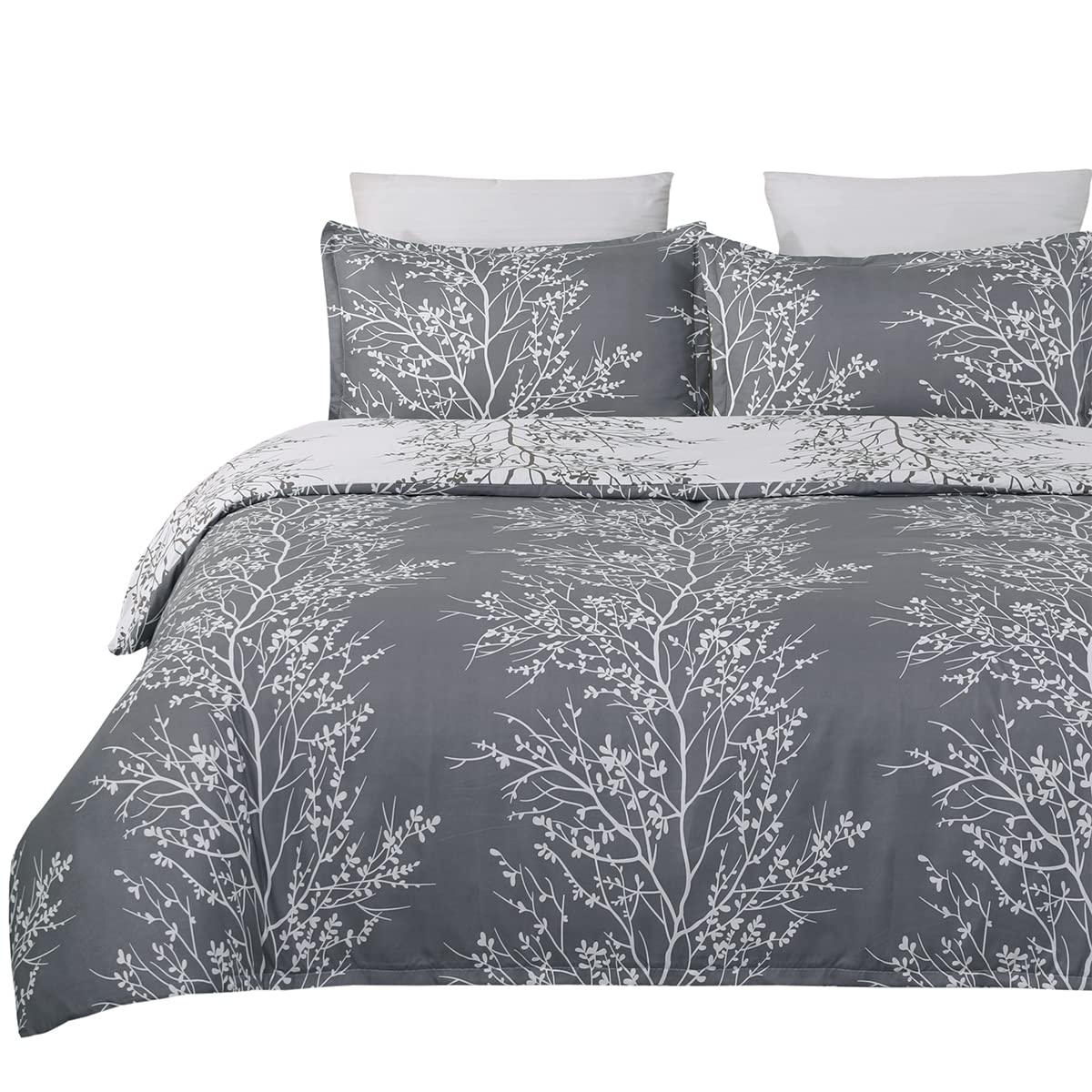 Vaulia Soft Microfiber Floral Duvet Cover Set, Modern Bedding Set, Branches Pattern White And Grey Color Reversible Design 3-Pie