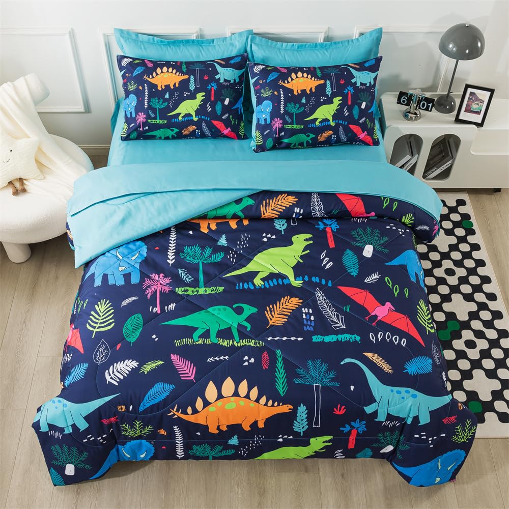 Qjmiaofang 7Pieces Dinosaur Bedding Full Size For Kids Boys Jungle Comforter Sets Animals T-Rex Bed In A Bag With Sheets Soft Mi