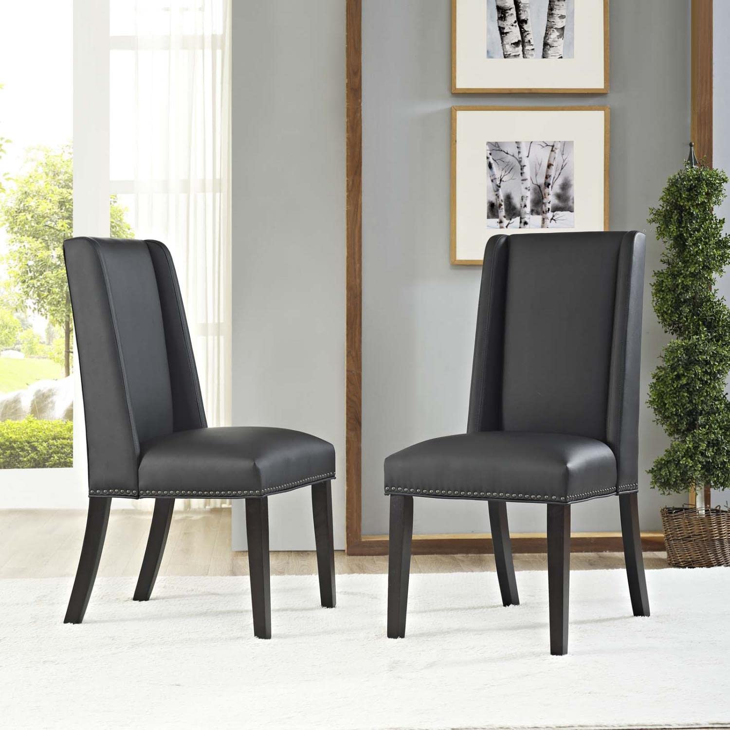Modway Baron Modern Tall Back Wood Faux Leather Upholstered Two Dining Chairs In Black
