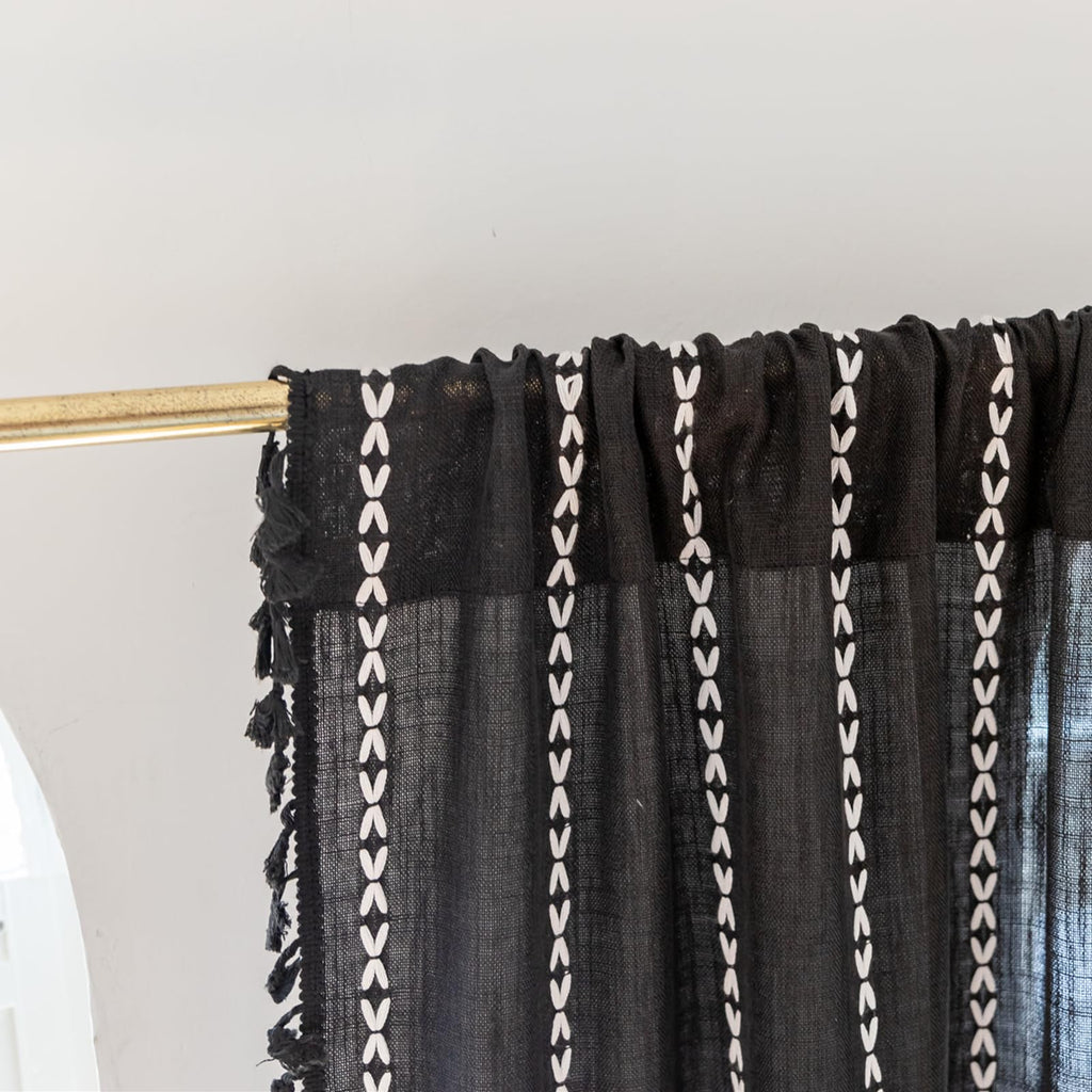 Deeprove Black Boho Curtains 63 Inches Length For Kitchen, Vintage Bohemian Embroidery Farmhouse Cotton Linen French Country Tas