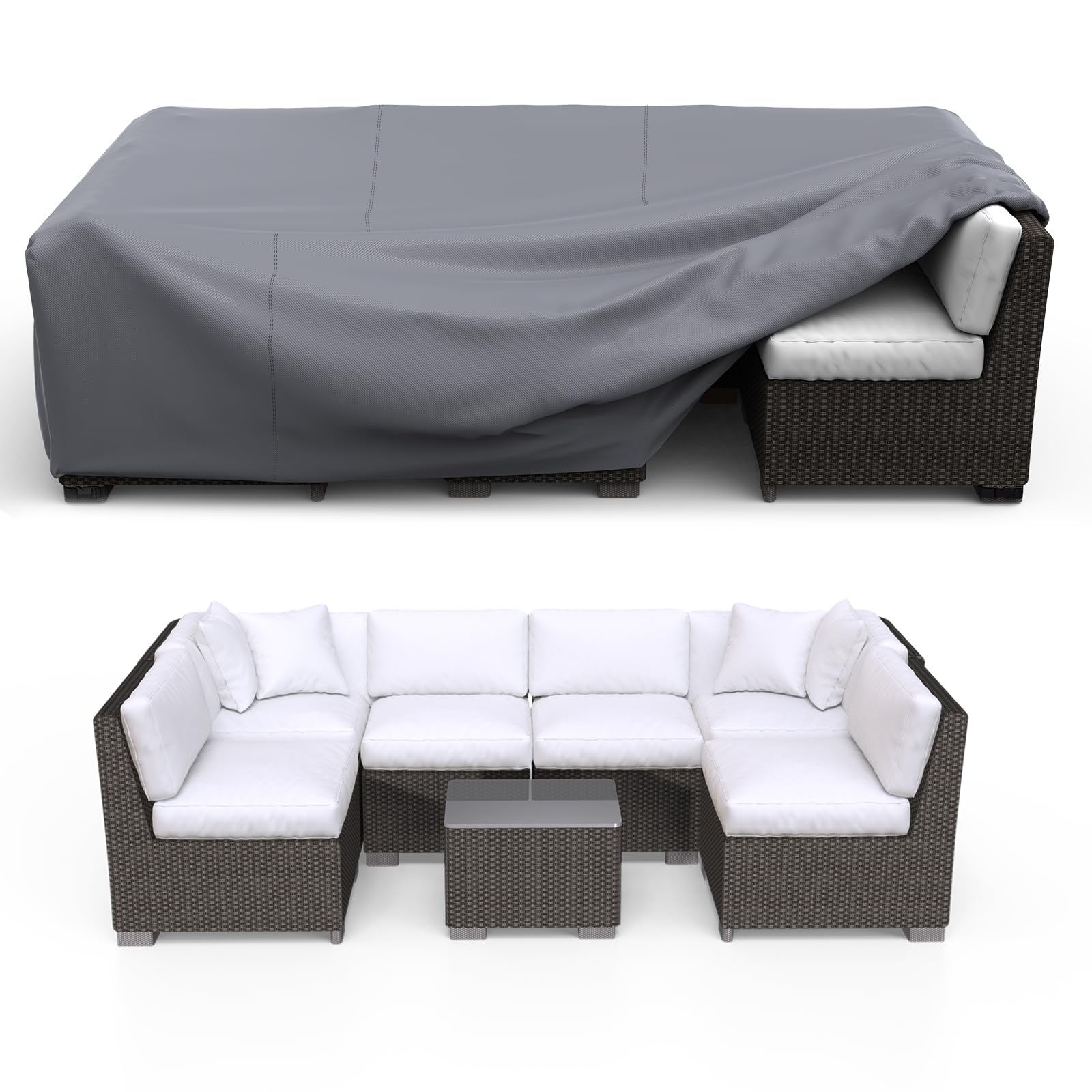 Brosyda Patio Furniture Set Cover Waterproof, Heavy Duty Furniture Covers For Outdoor Sectional Sofa Set Wicker Rattan Table Chair Rectangular,124'L×71'W×29'H,Grey